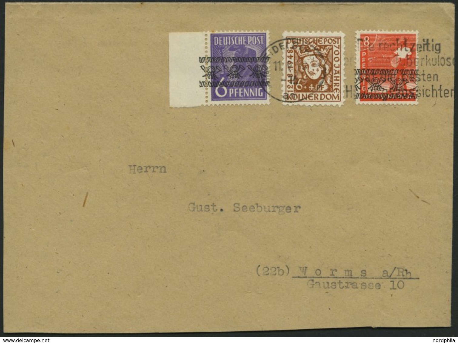 AMERIK. U. BRITISCHE ZONE 37/8I,69 BRIEF, 1948, 6 Und 8 Pf. Bandaufdruck, Mischfrankatur Mit 6 Pf. Kölner Dom, Pracht - Other & Unclassified