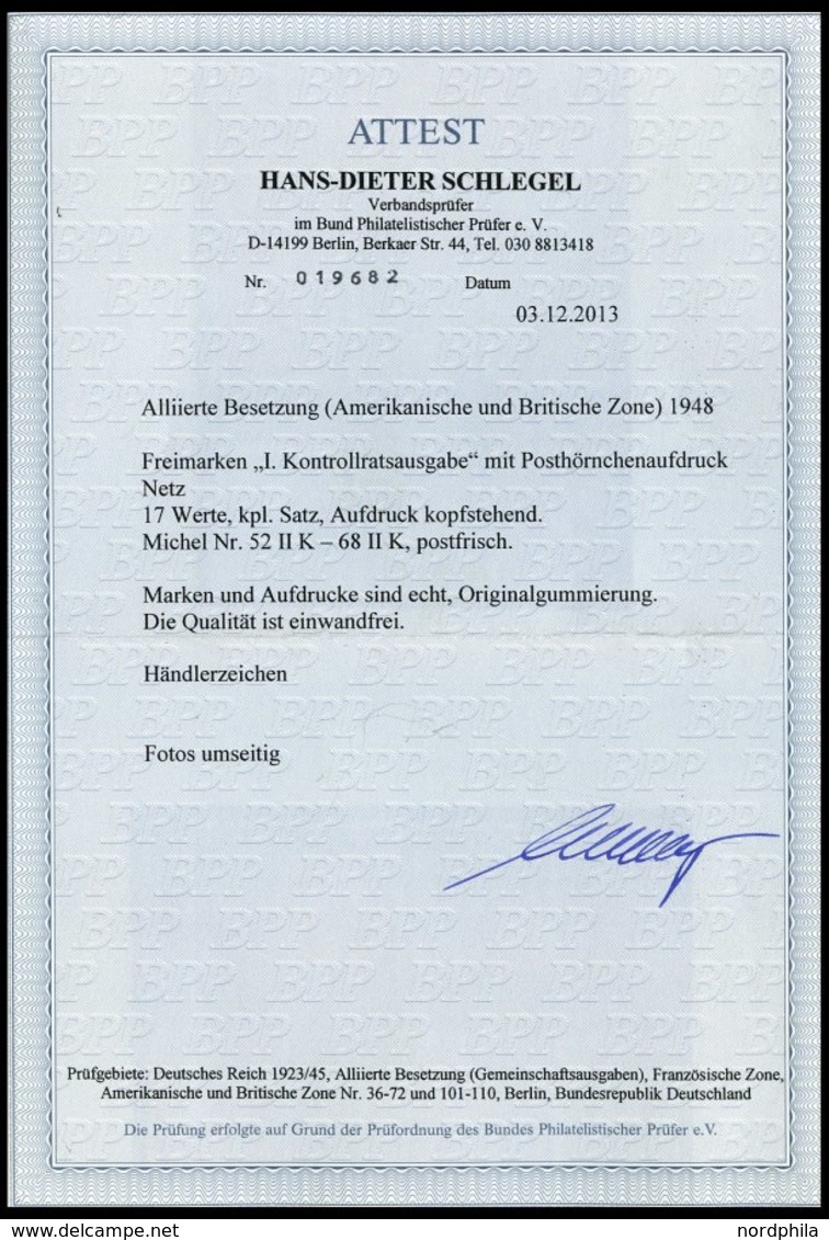 AMERIK. U. BRITISCHE ZONE 52-68IIK **, 1948, Netzaufdruck, Mit Kopfstehenden Aufdrucken, Prachtsatz (17 Werte), Fotoatte - Other & Unclassified