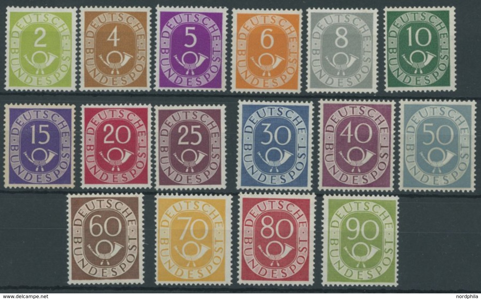 BUNDESREPUBLIK 123-38 *, 1951, Posthorn, Sauber Entfalzt, Prachtsatz, Fotoattest Zierer, Mi. 700.- - Autres & Non Classés
