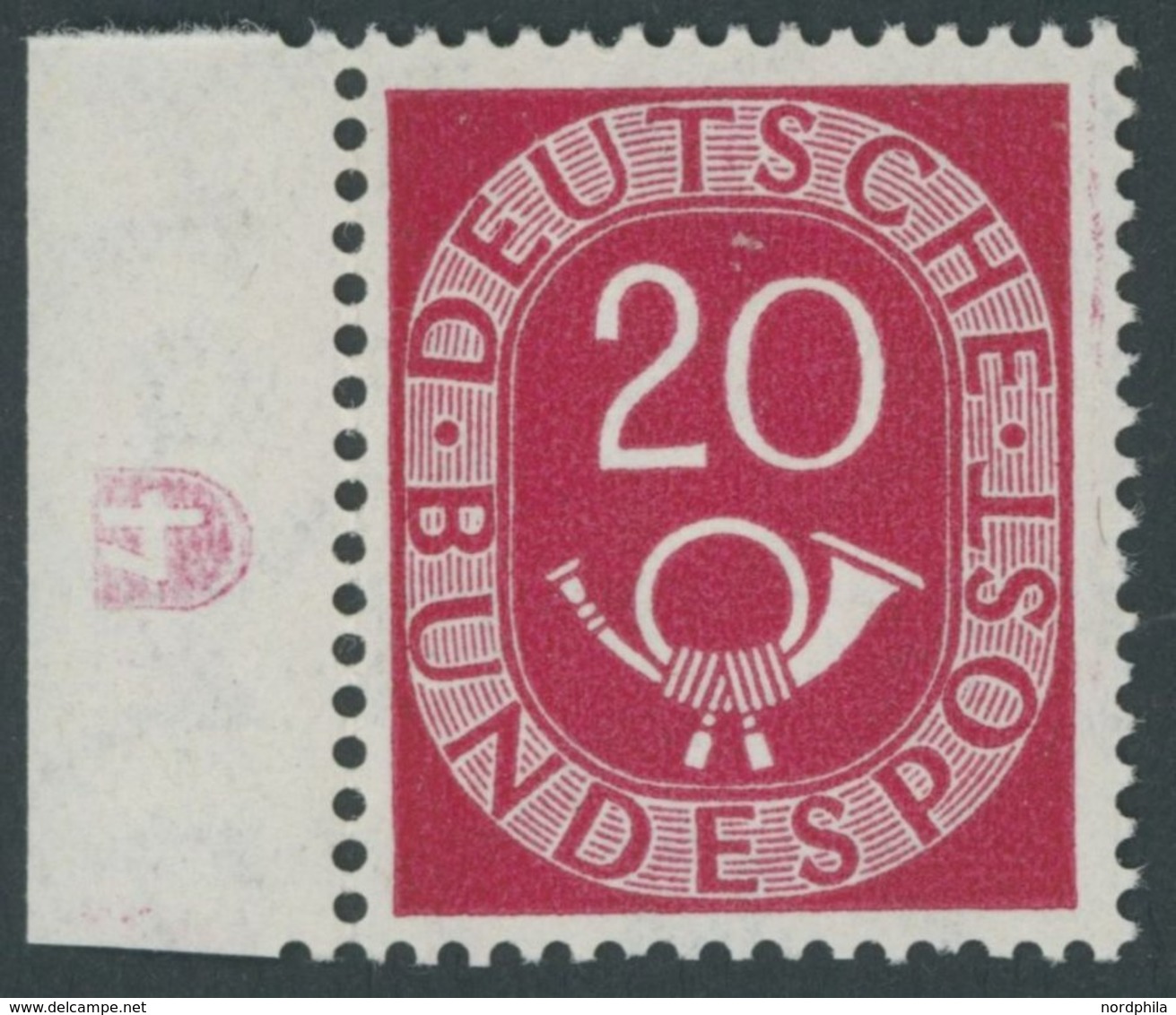 BUNDESREPUBLIK 130DZ **, 1951, 20 Pf. Posthorn, Linkes Randstück Mit Druckereizeichen 4, Postfrisch, Pracht, Mi. 350.- - Otros & Sin Clasificación