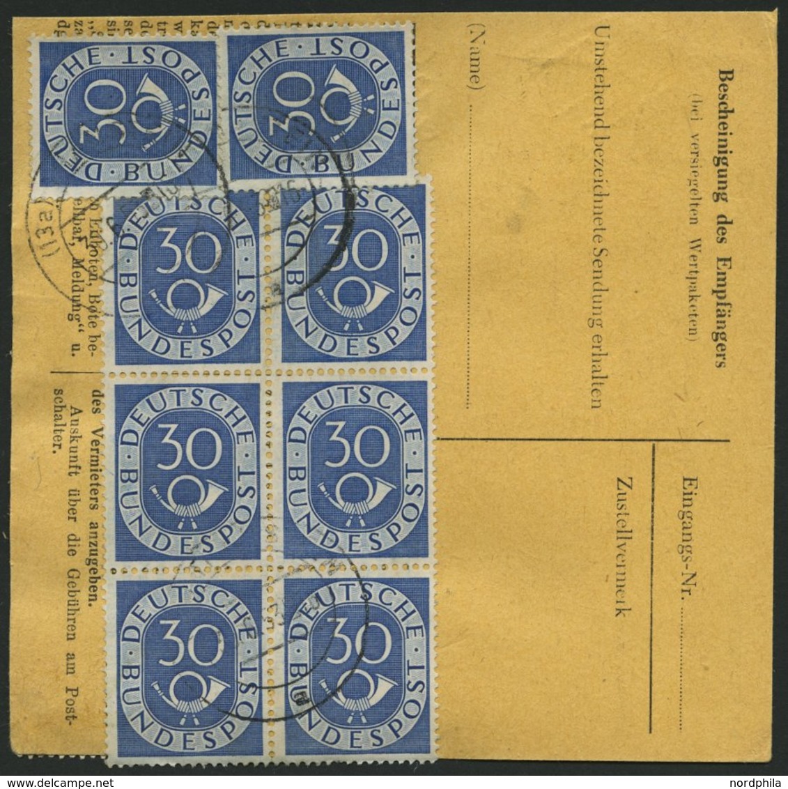 BUNDESREPUBLIK 132 BRIEF, 1954, 30 Pf. Posthorn Im Sechserblock Rückseitig (untere Reihe Etwas Angetrennt Da über Den Ra - Otros & Sin Clasificación