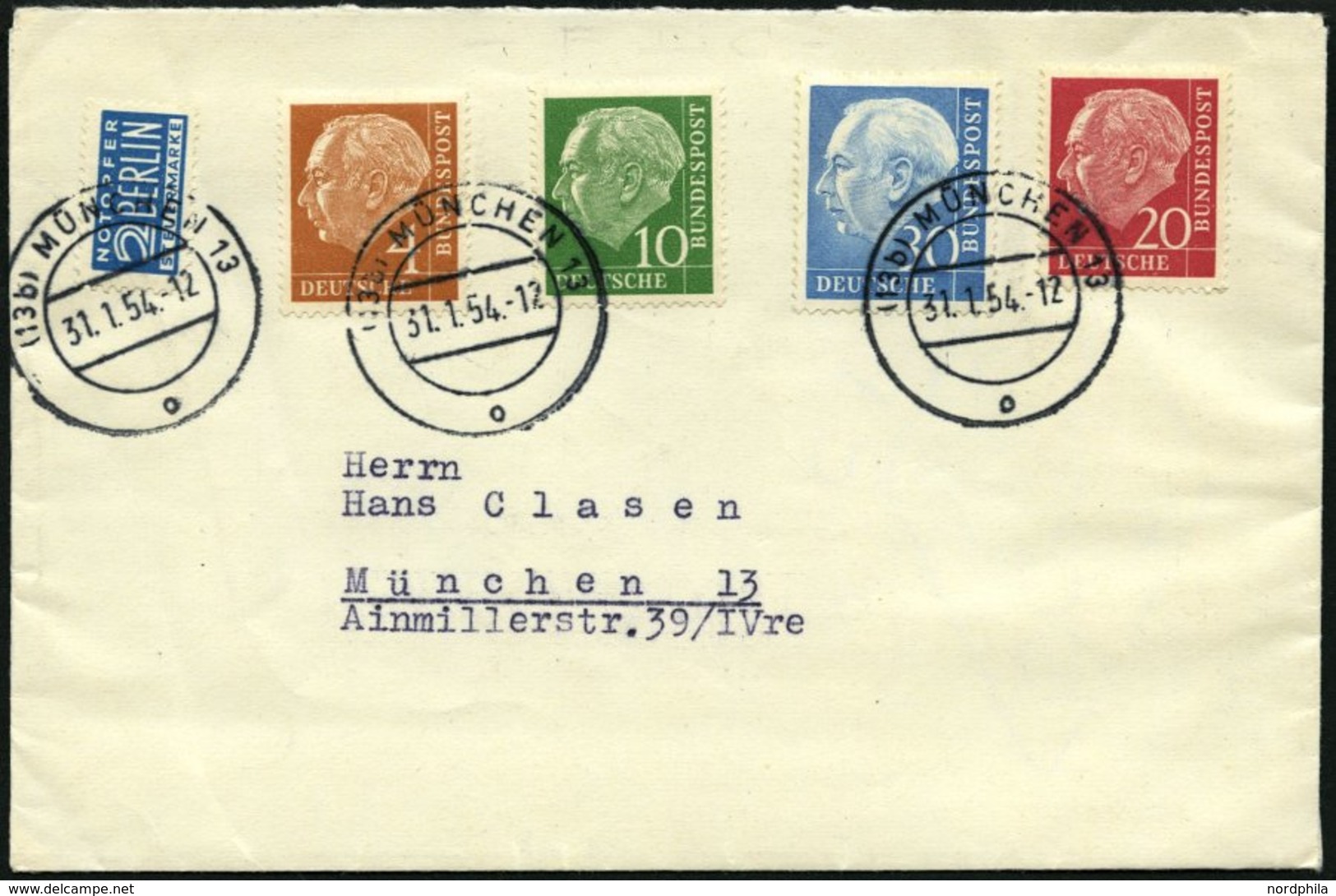 BUNDESREPUBLIK 178,83,85,187 BRIEF, 31.1.1954, 4, 10, 20 Und 30 Pf. Heuss Auf FDC, Pracht - Otros & Sin Clasificación