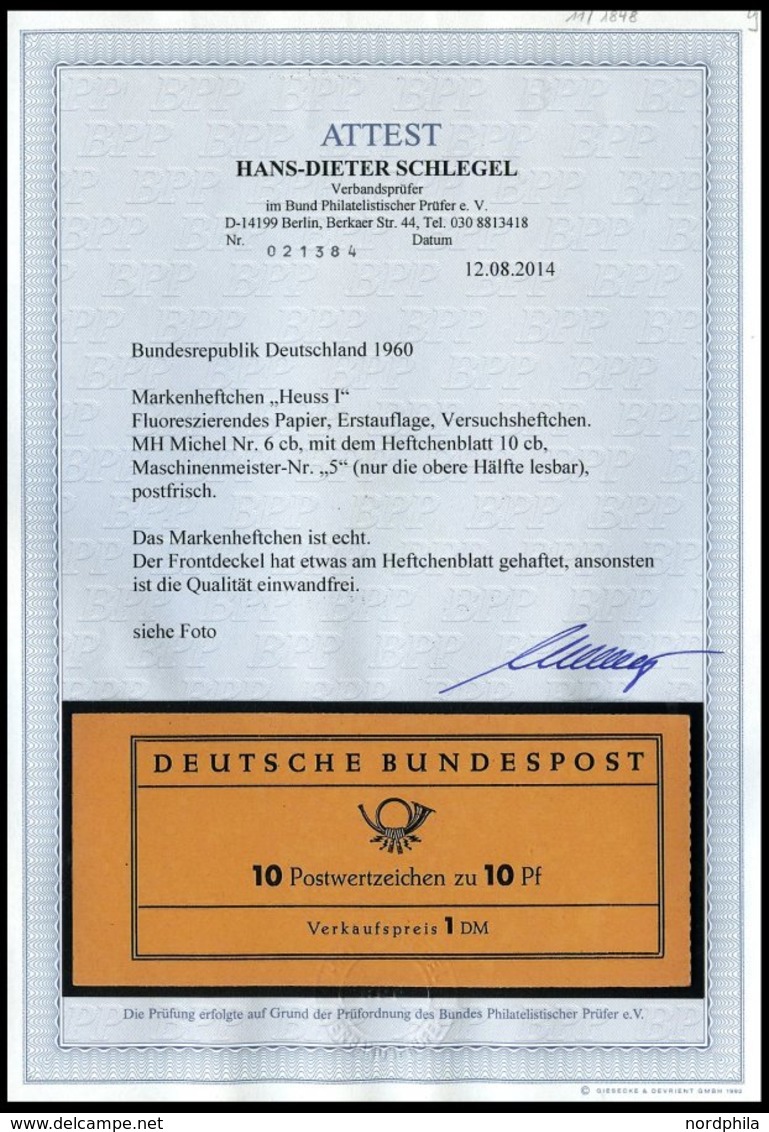 ZUSAMMENDRUCKE MH 6cb **, 1960, Markenheftchen Heuss Lumogen, Erstauflage, Mit Druckereizeichen 5 (nur Die Obere Hälfte  - Altri & Non Classificati