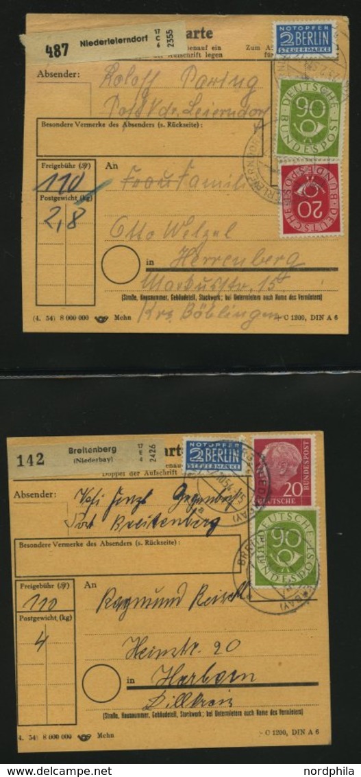 SAMMLUNGEN 1953/4, interessante Sammlung von 40 Paketkarten mit verschiedenen Posthorn-Frankaturen, dabei auch Einzelfra