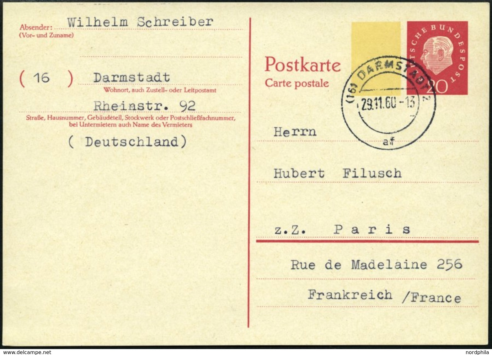 GANZSACHEN P 44I BRIEF, 1960, 20 Pf. Heuss, Breiter Fluoreszierender Beidruck, Stempel DARMSTADT, Rückseitig Unbeschrift - Collezioni