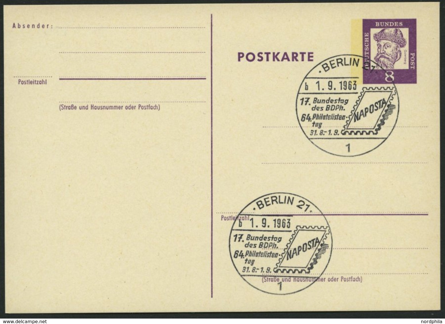 GANZSACHEN P 73 BRIEF, 1962, 8 Pf. Gutenberg, Postkarte In Grotesk-Schrift, Leer Gestempelt Mit Sonderstempel BERLIN 21  - Collections