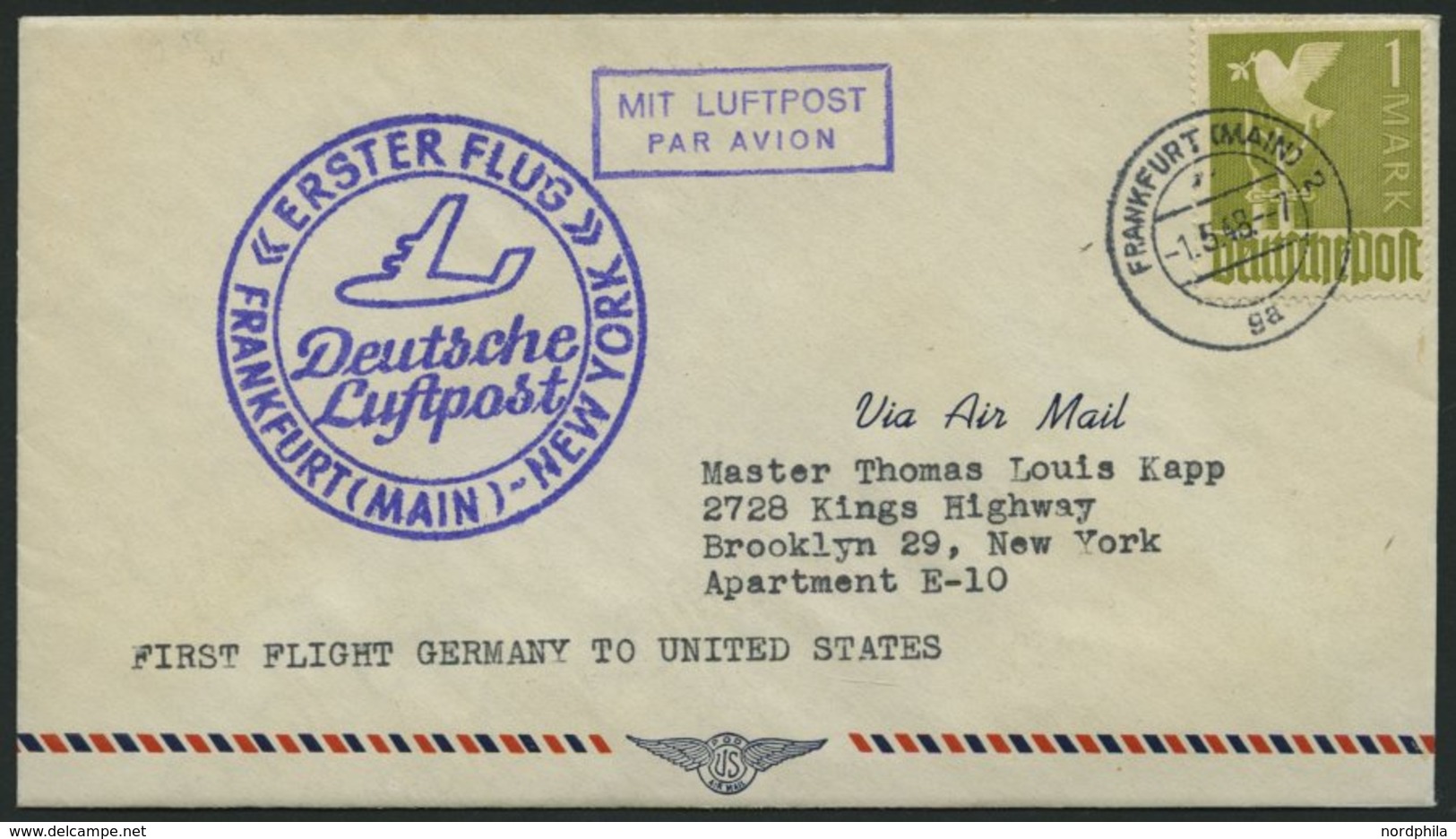 ERST-UND ERÖFFNUNGSFLÜGE 2297a BRIEF, 1.5.48, Frankfurt-New York, AOA, Prachtbrief - Covers & Documents