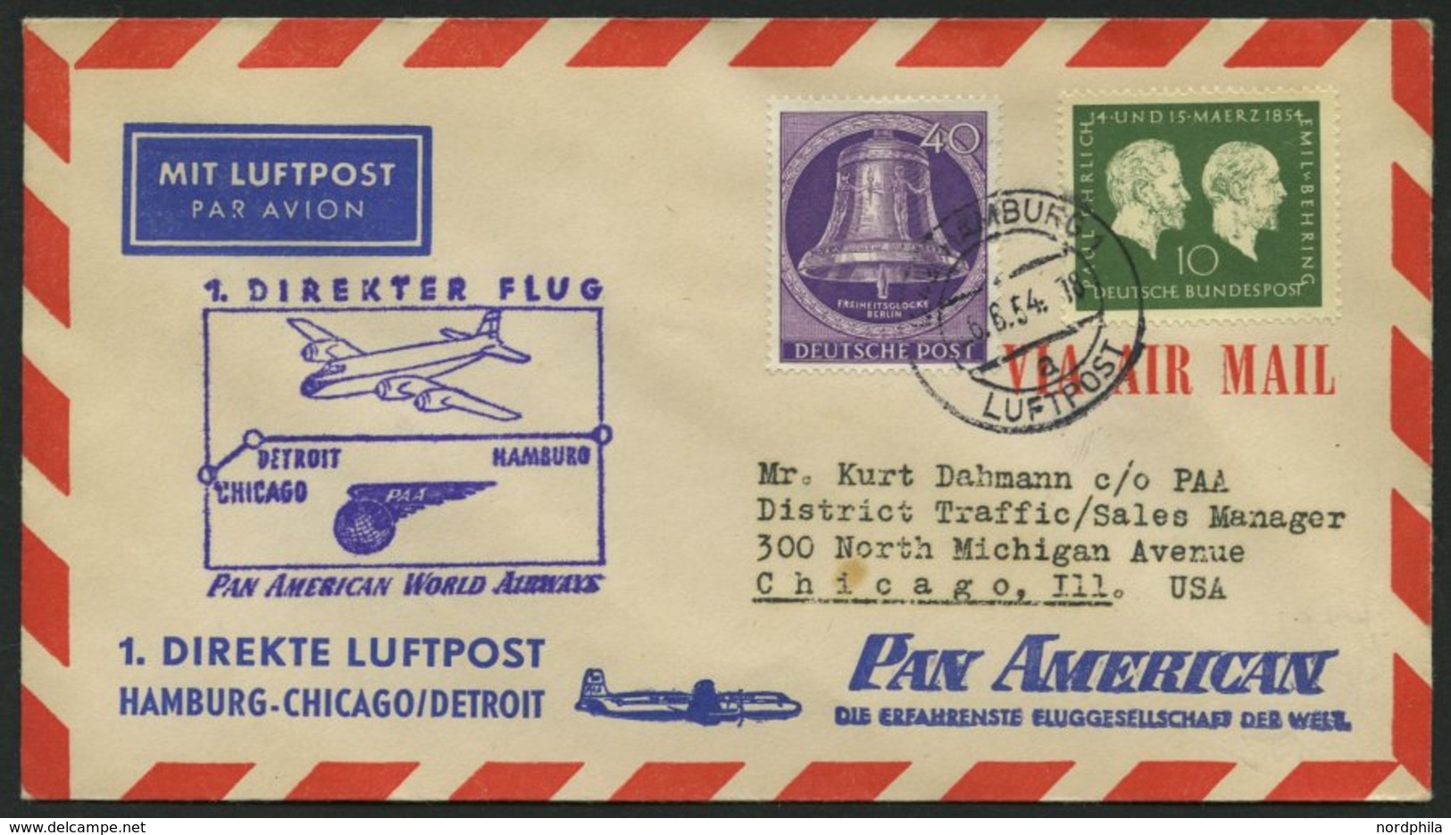 ERST-UND ERÖFFNUNGSFLÜGE 2482 BRIEF, 6.6.54, Hamburg-Chicago, Frankiert Mit Berlin Nr. 105, Prachtbrief - Storia Postale