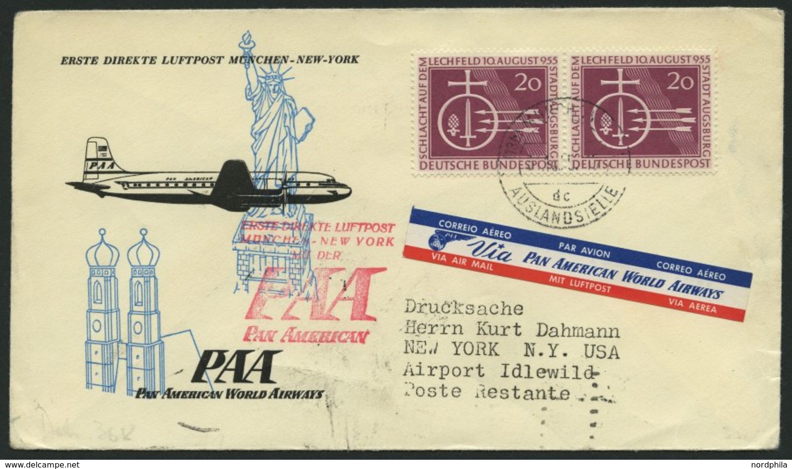 ERST-UND ERÖFFNUNGSFLÜGE 2511 BRIEF, 31.10.55, München-New York, Frankiert Mit 2x Bund Nr. 216 (Mehrfachfrankatur), Brie - Storia Postale