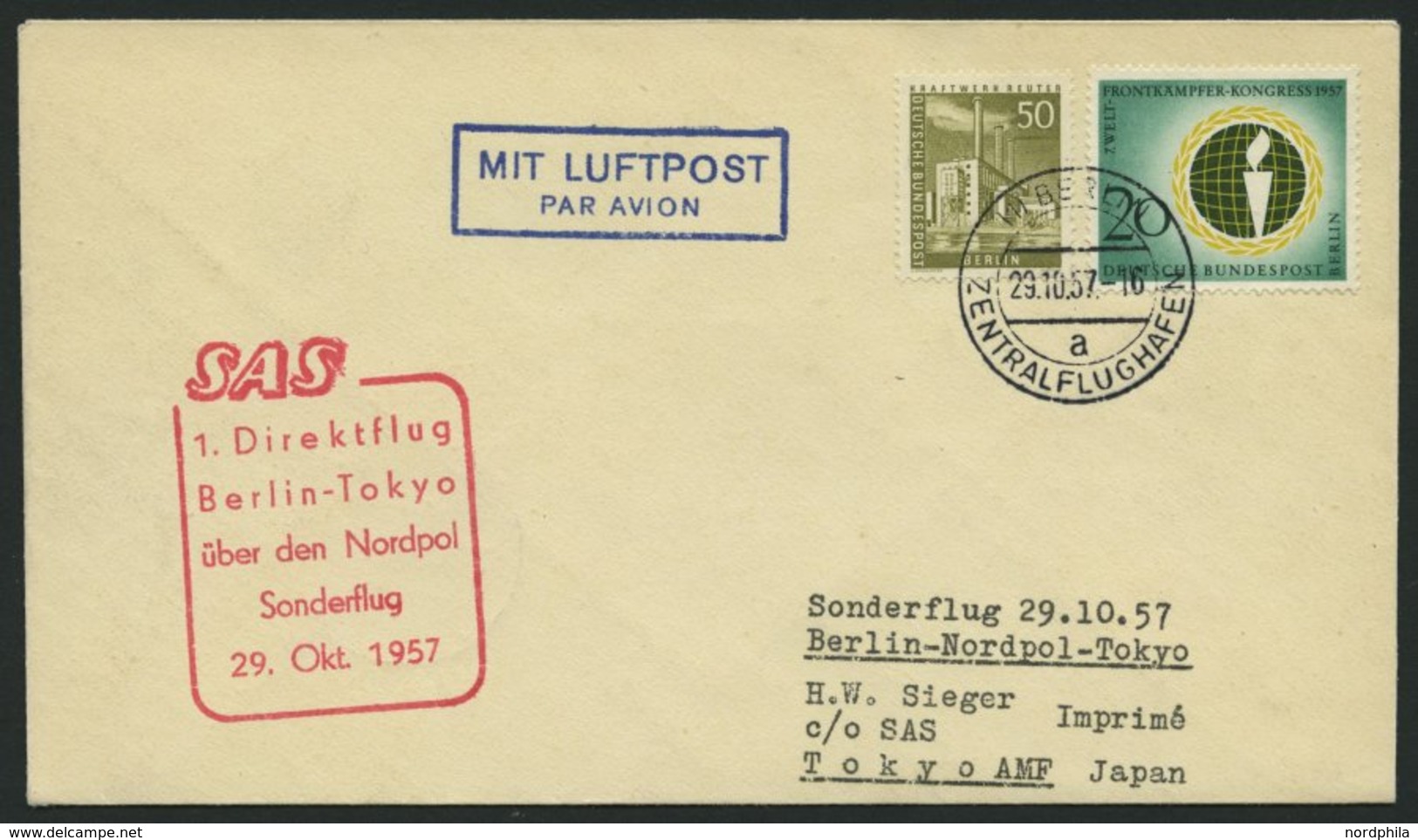 ERST-UND ERÖFFNUNGSFLÜGE 29.10.57, Berlin-Tokyo, 1. Direktflug über Den Nordpol, Prachtbrief - Storia Postale