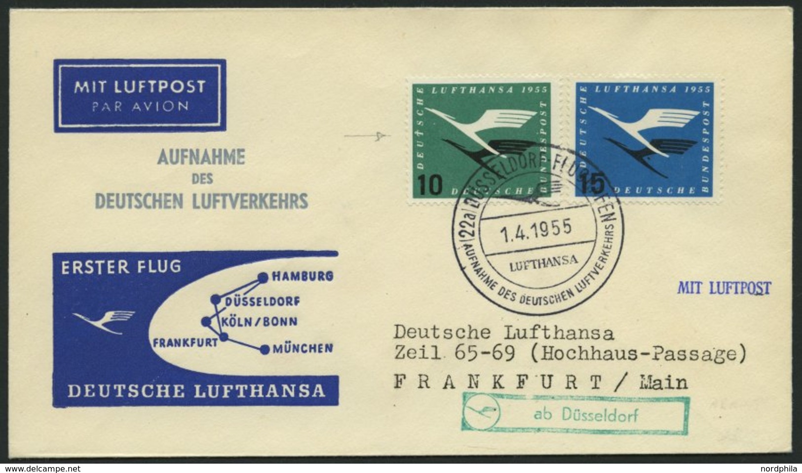 DEUTSCHE LUFTHANSA 18 BRIEF, 1.4.1955, Düsseldorf-Frankfurt/Main, Prachtbrief - Used Stamps