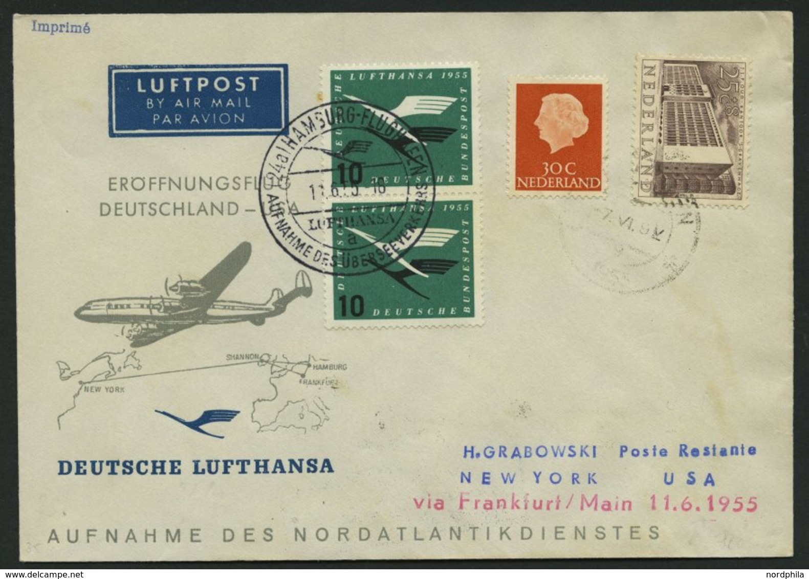 DEUTSCHE LUFTHANSA 40 BRIEF, 11.6.1955, Hamburg-New York, Brief Aus Holland Mit Hölländischer Und Deutscher Frankatur, P - Usados