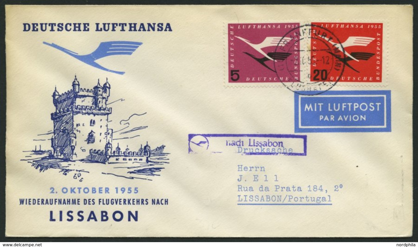 DEUTSCHE LUFTHANSA 46 BRIEF, 2.10.1955, Frankfurt-Lissabon, Prachtbrief - Oblitérés
