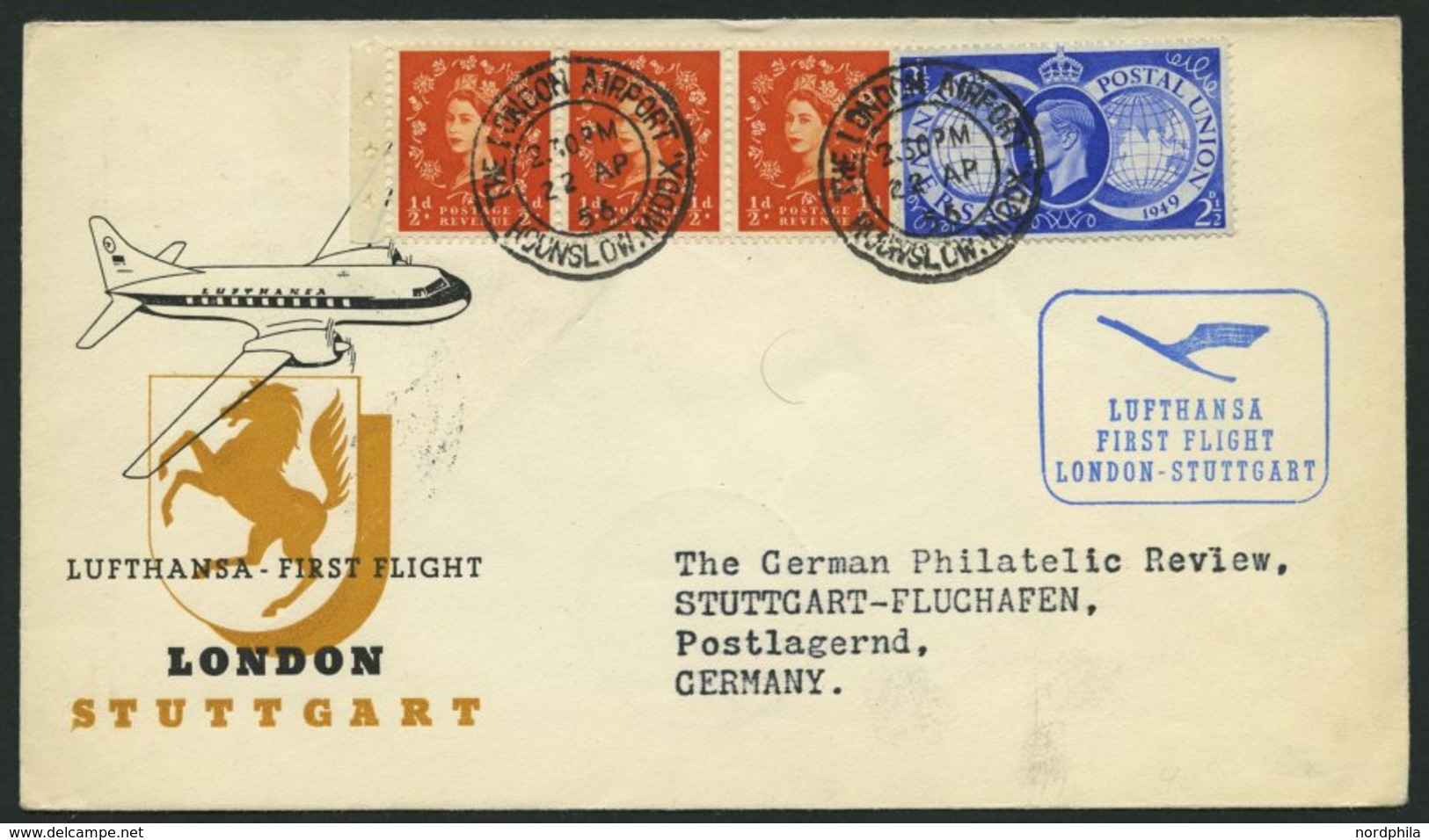 DEUTSCHE LUFTHANSA 55 BRIEF, 22.4.1956, London-Stuttgart, Brief Feinst - Oblitérés