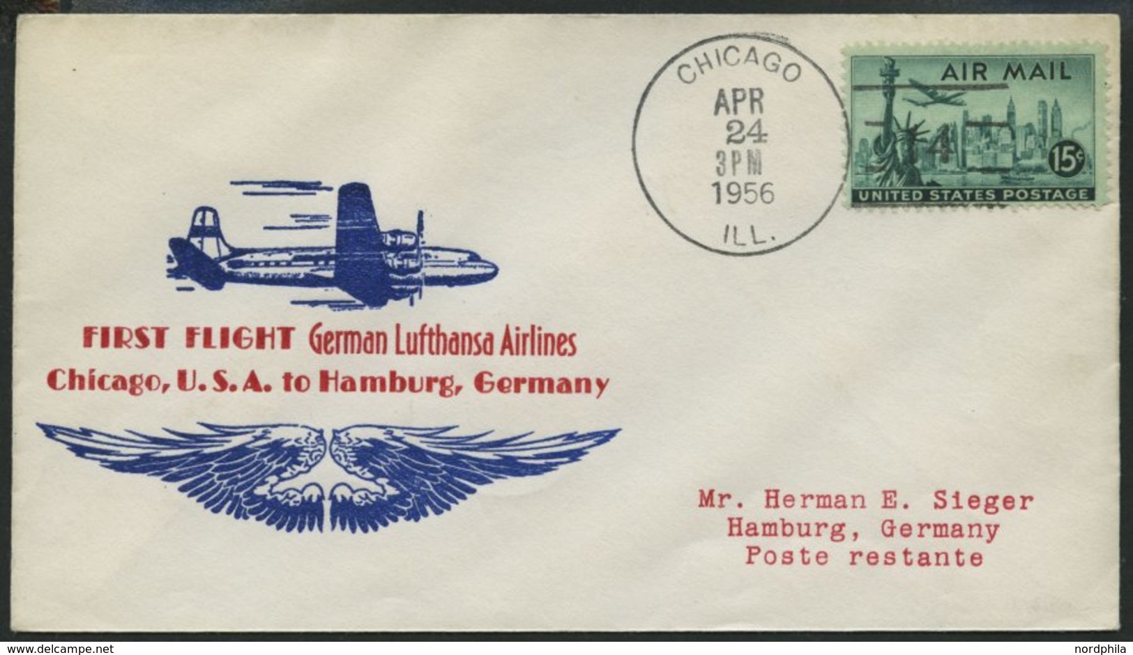 DEUTSCHE LUFTHANSA 68 BRIEF, 23.4.1956, Chicago-Hamburg, Prachtbrief - Oblitérés