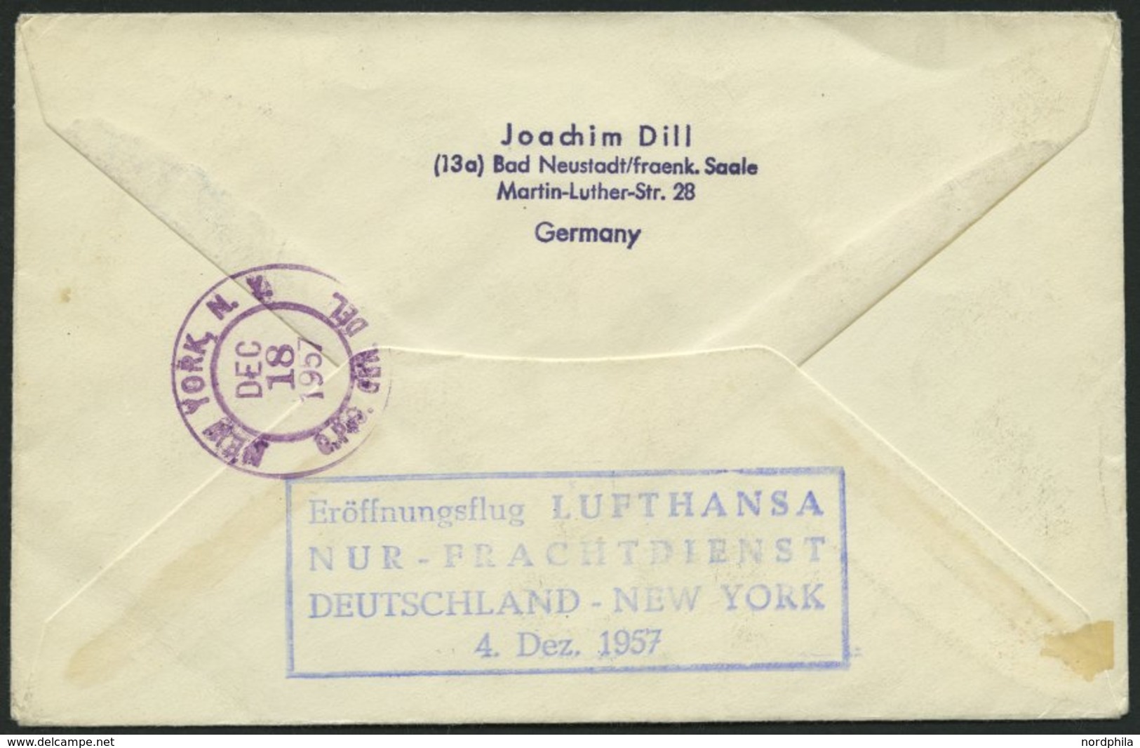 DEUTSCHE LUFTHANSA Brief , 4.12.1957, Deutschland-New York, Nur Frachtdienst, Prachtbrief - Used Stamps