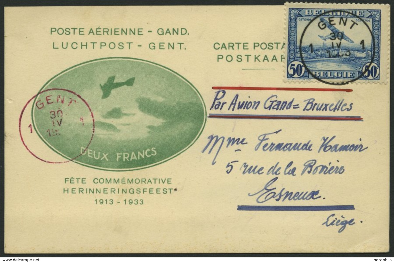 BELGIEN 280 BRIEF, Flugmeeting Sonderflug GENT-BRÜSSEL, 30.4.1933, Prachtkarte, R!, Müller 138a - Autres & Non Classés