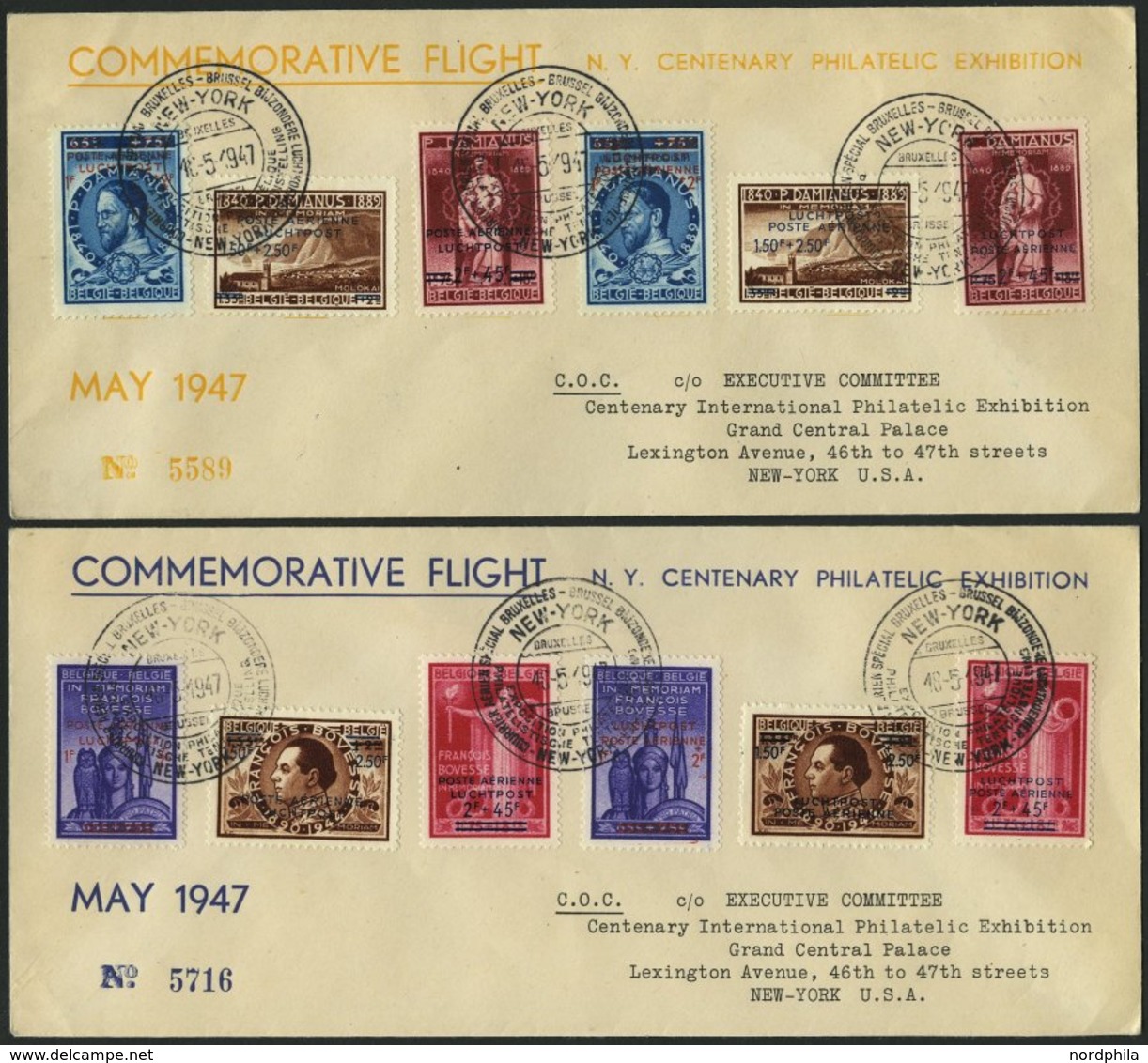 BELGIEN 781-89I,II BRIEF, 18.5.1947, COMMEMORATIVE FLIGHT, Brüssel-New York, 3 Verschiedene Flugpostbelege, Pracht, Müll - Autres & Non Classés