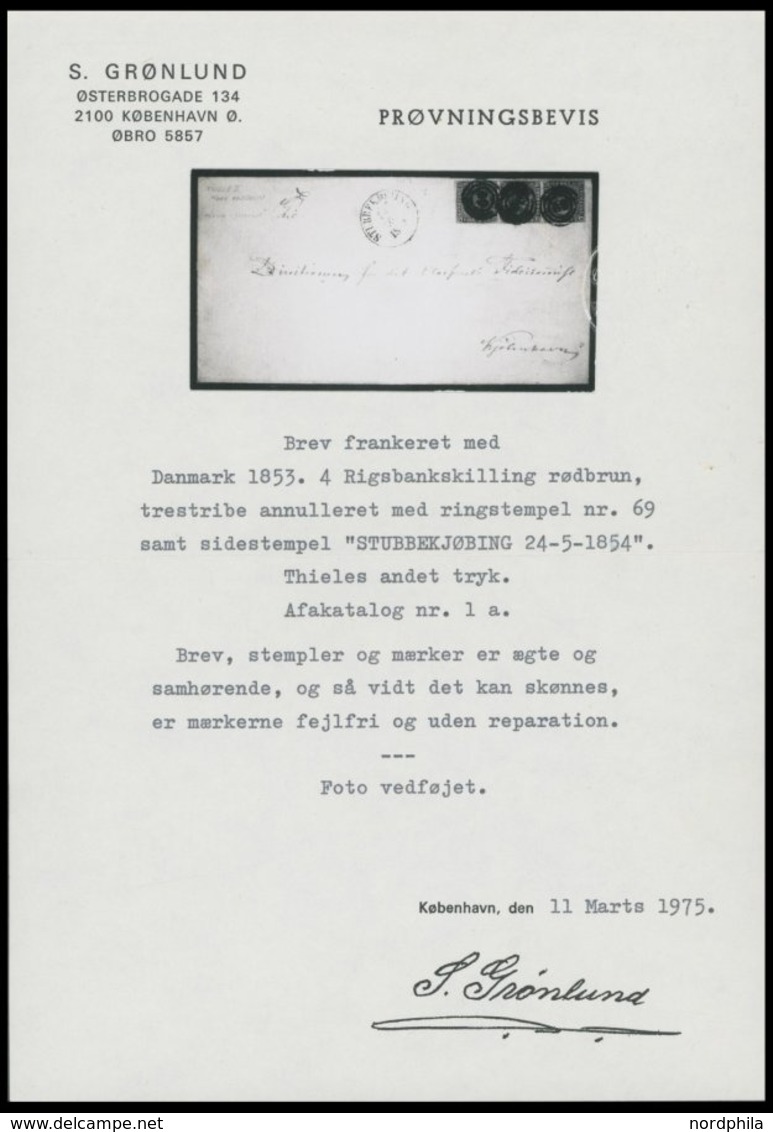 DÄNEMARK 1IIa BRIEF, 1854, 4 RBS Rotbraun Im Waagerechten Dreierstreifen Auf Brief Mit Nummernstempel 69 Von STUBBEKJØBI - Altri & Non Classificati