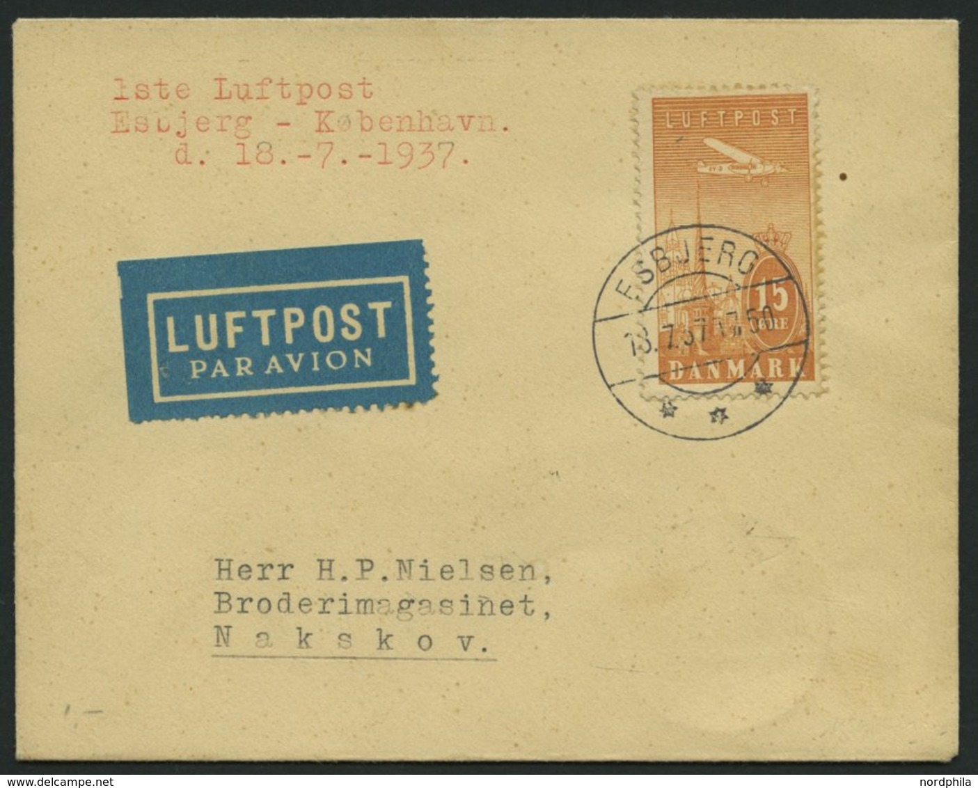 ERSTFLÜGE 18.7.1937, Esbjerg-Kopenhagen, Brief Feinst - Autres & Non Classés