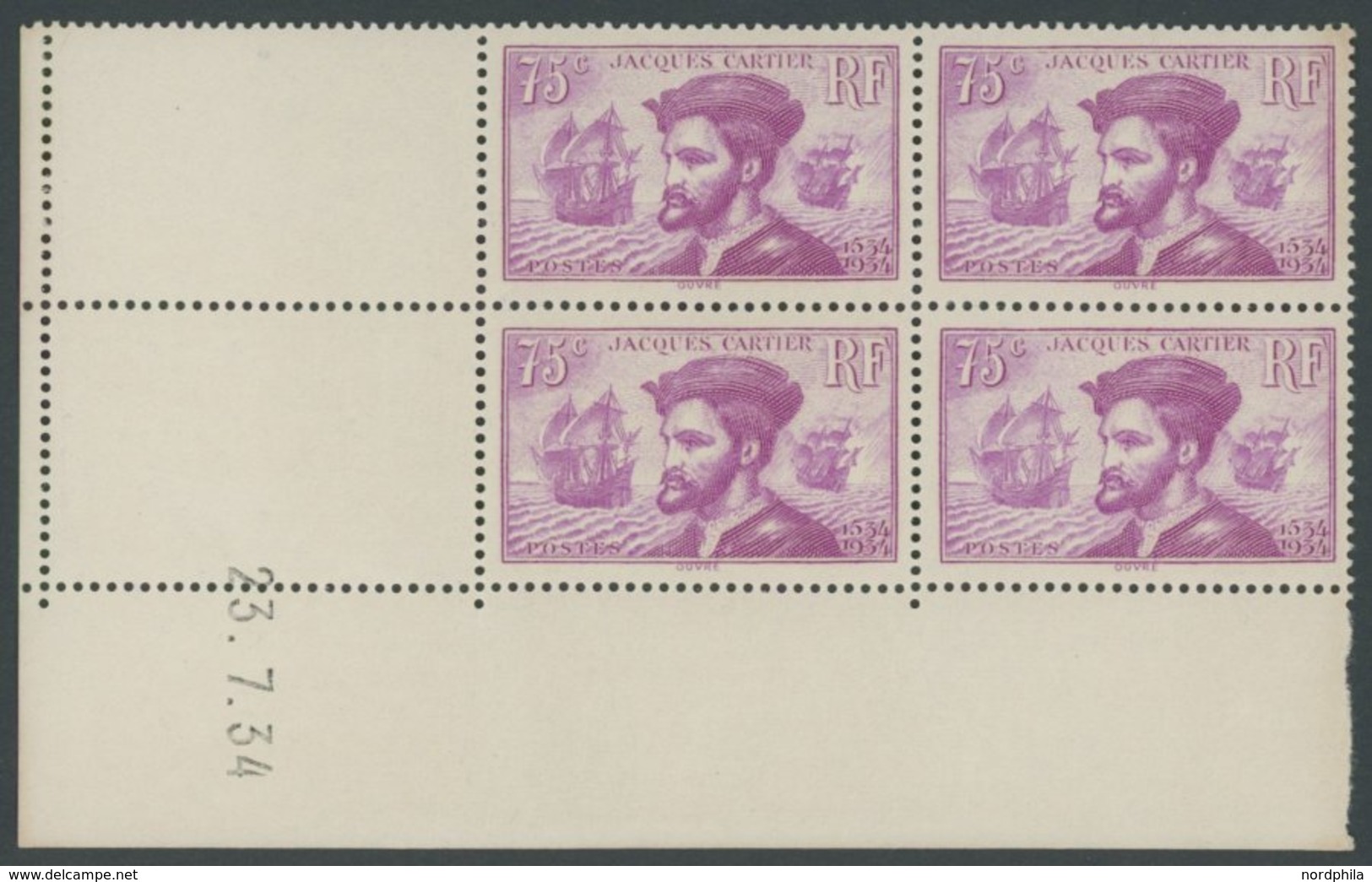 FRANKREICH 292/3 VB **, 1934, Jacques Cartier In Linken Unteren Eckrandviererblocks Mit Leerfeldern Und Druckdatum, Post - Altri & Non Classificati