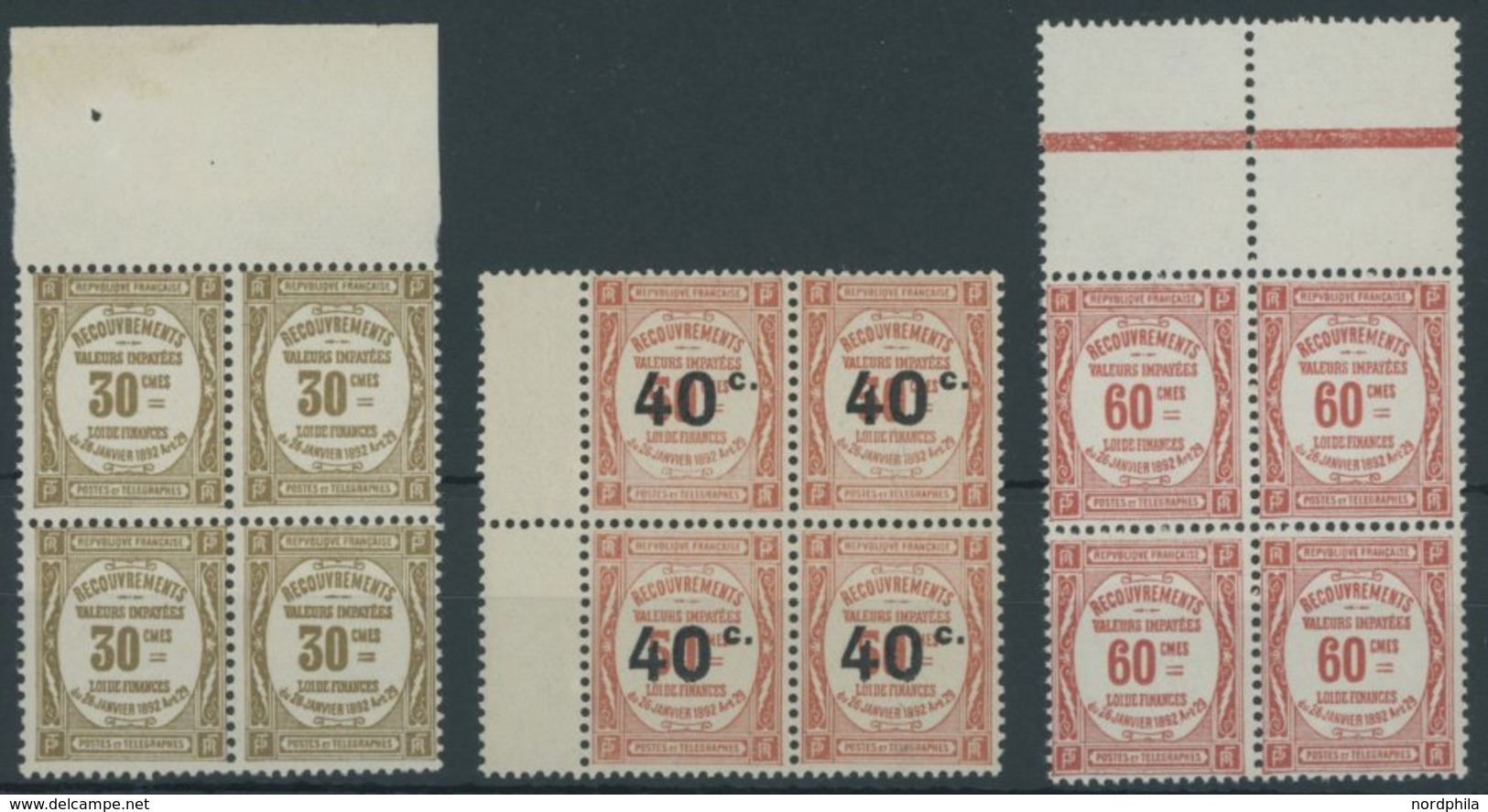 PORTOMARKEN P 38,43,45 VB **, 1908-19, 30 C., 40 C. Auf 50 C. Und 20 C. In Postfrischen Randviererblocks, Pracht - Otros & Sin Clasificación