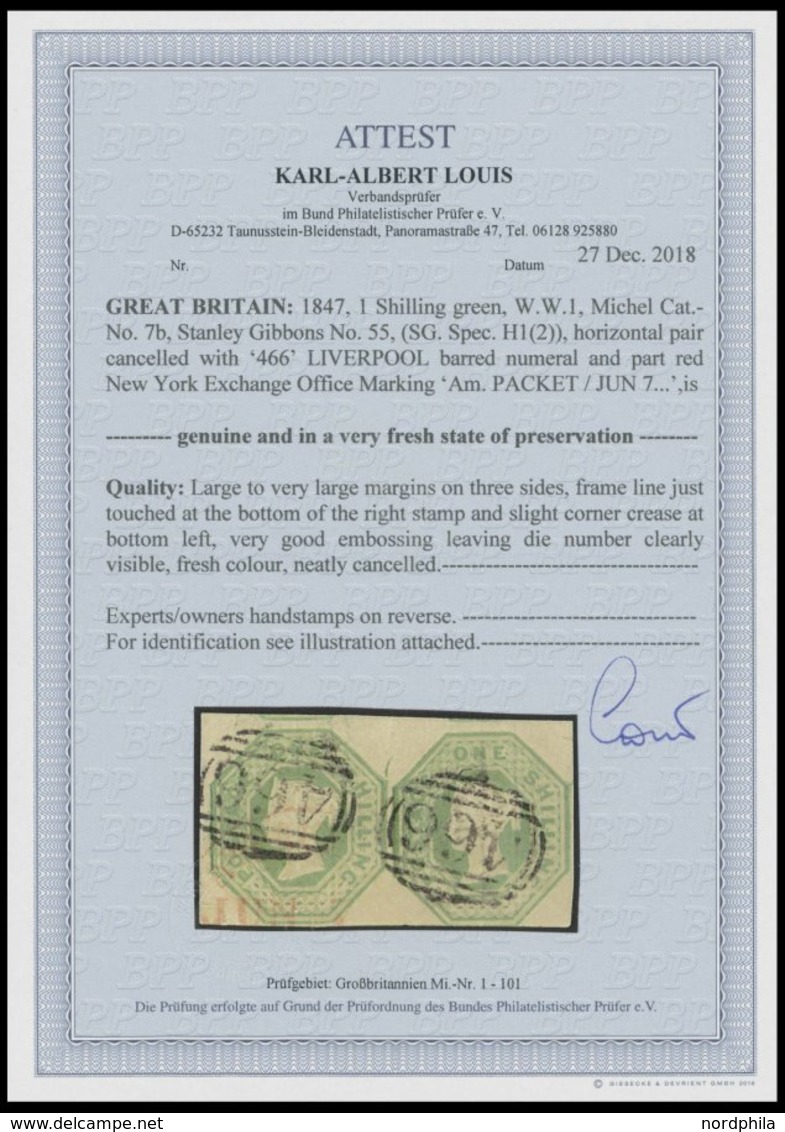GROSSBRITANNIEN 7 Paar O, 1847, 1 Sh. Mattgelbgrün, Platte WW1, Im Waagerechten Meist Riesenrandigen Paar, Nummernstempe - Used Stamps