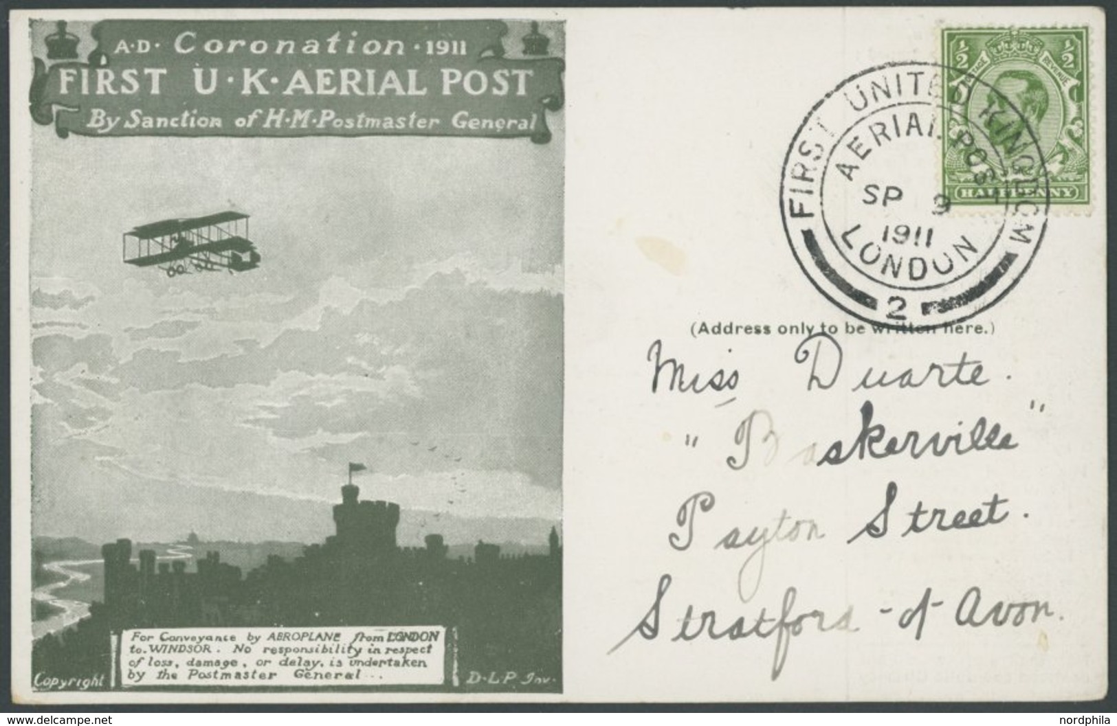 GROSSBRITANNIEN 121 BRIEF, 1911, 1/2 P. König Georg V Auf Dunkelgrüner Sonderkarte First U.K. AERIAL POST Pracht - Used Stamps