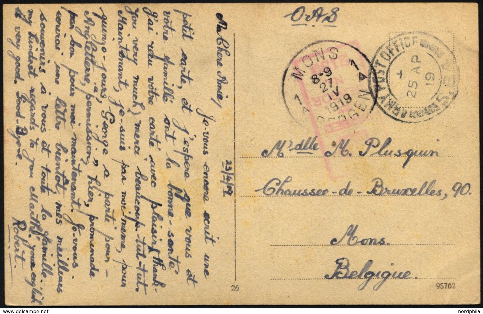 BRITISCHE MILITÄRPOST 1919, K2 ARMY POST OFFICE Und Schwacher Zensurstempel Auf Feldpost-Ansichtskarte Nach Mons/Belgien - Usados