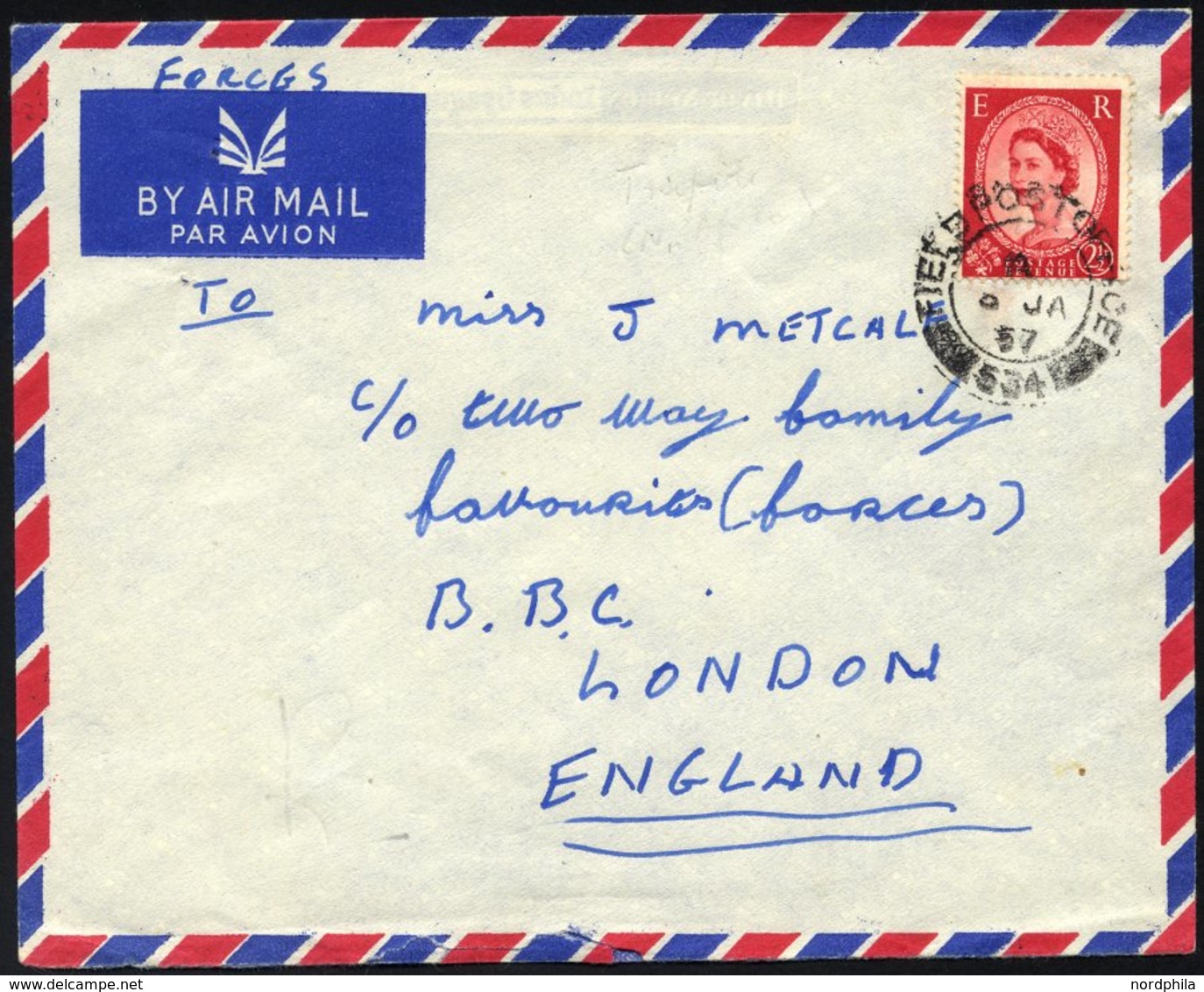 BRITISCHE MILITÄRPOST 261 BRIEF, 1957, K2 FIELD POST SERVICE/534 Auf Feldpostbrief Nach London über Das Britische Hauptf - Oblitérés