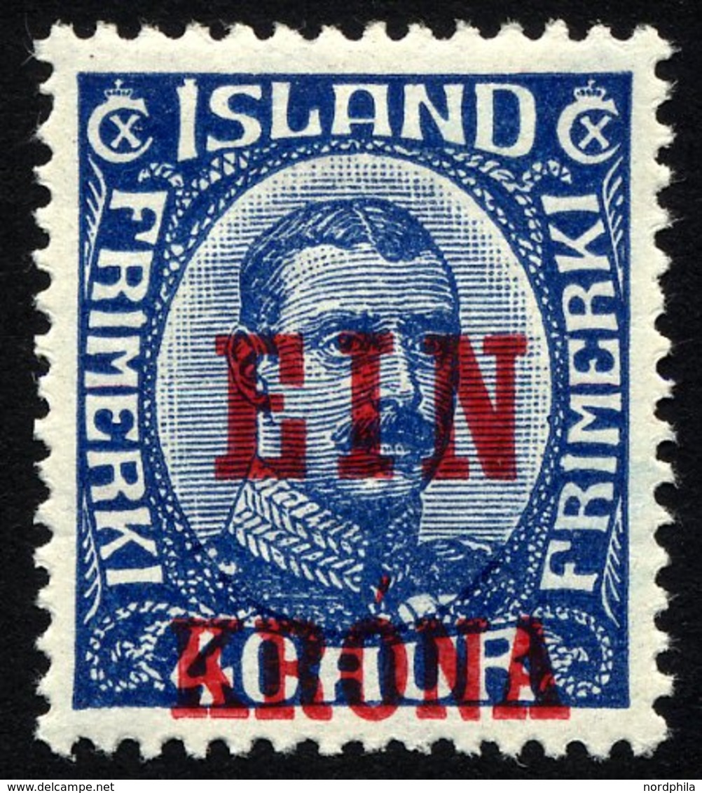 ISLAND 121 *, 1926, 1 Kr. Auf 40 A. Blau, Falzreste, Pracht, Facit 1300.- Skr. - Autres & Non Classés