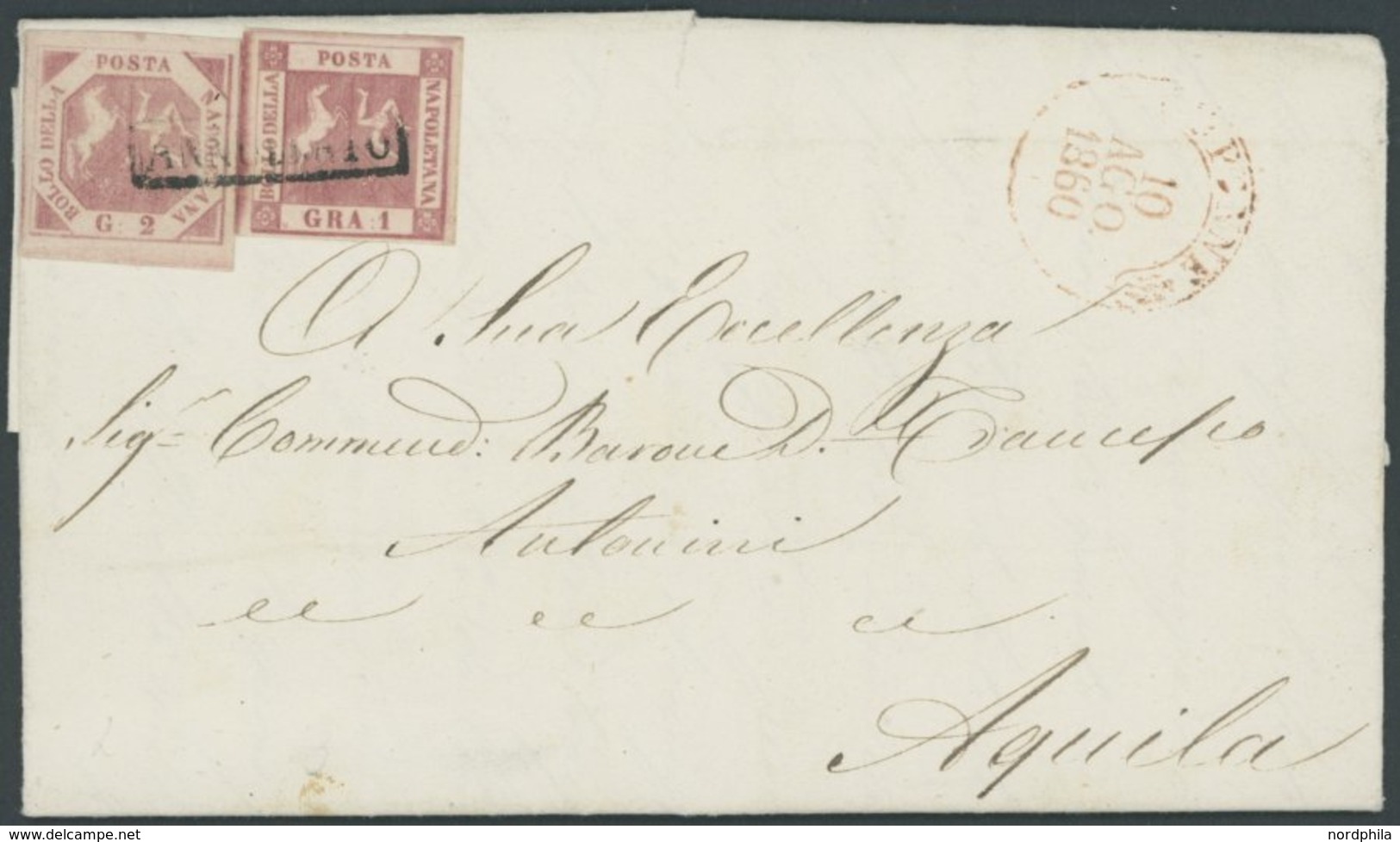NEAPEL 2,3 BRIEF, 1860, 1 Und 2 Gr. Lilarosa, Vollrandig, Auf Brief Mit R1 ANNULLATO Von PENNE Nach Aquila, Pracht - Neapel