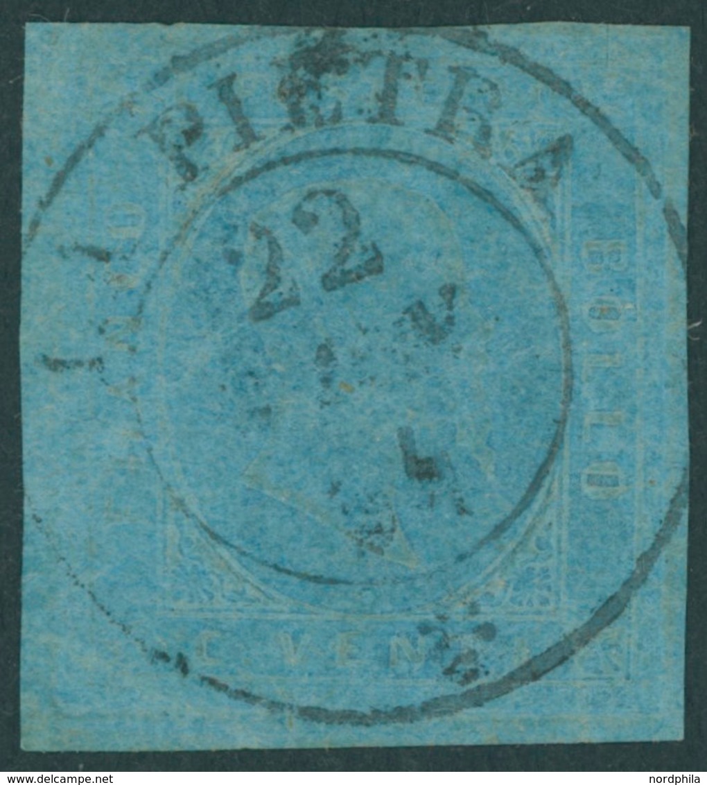 SARDINIEN 5 O, 1853, 20 C. Blau, Zentrischer K2 LA PIETRA, Breitrandig, Pracht, Mi. (120.-) - Sardegna