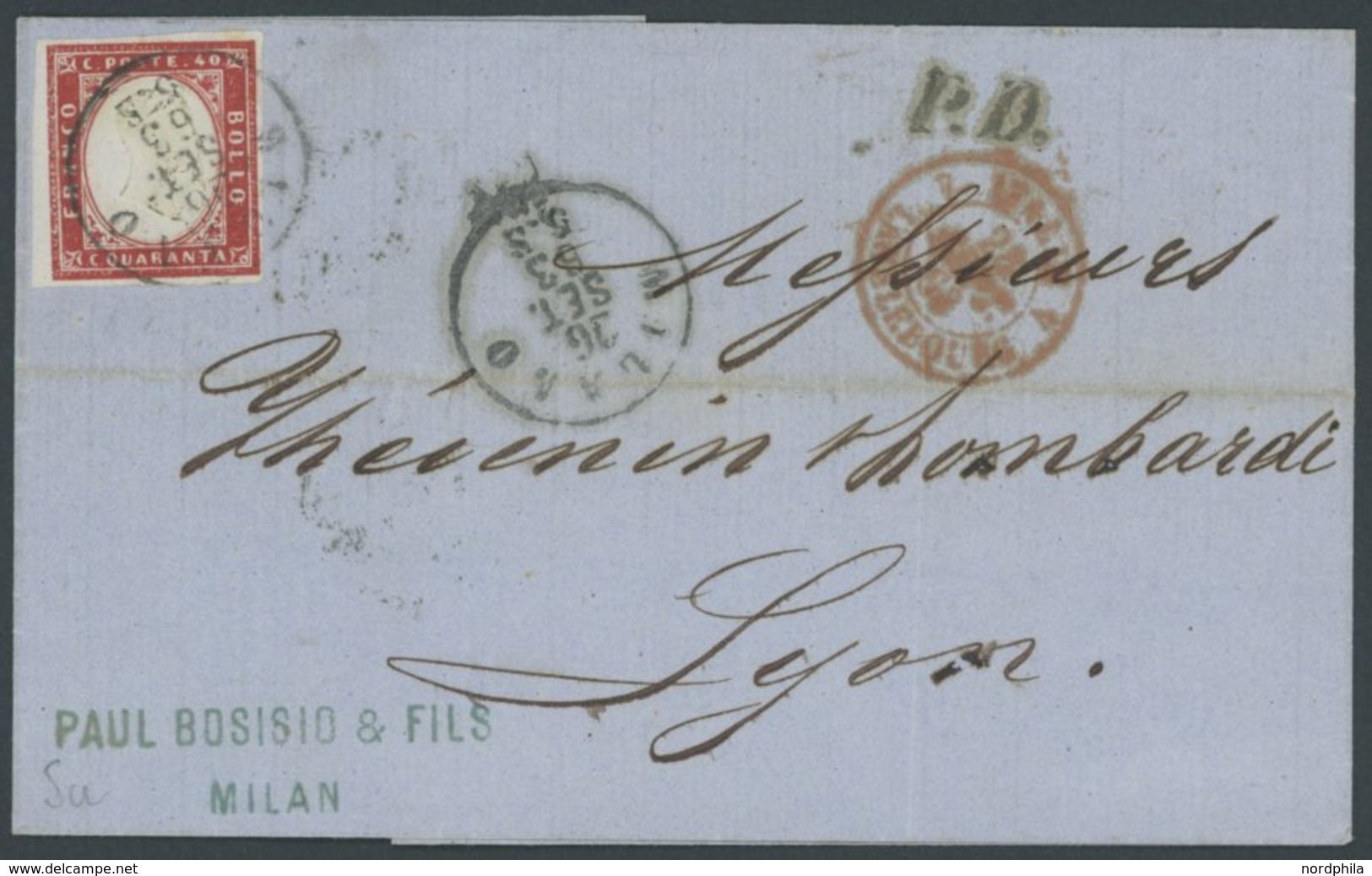 SARDINIEN 13b BRIEF, 1863, 40 C. Rot Auf Brief Von MAILAND Nach Lyon Mit Rotem Grenz-K2 Und Rückseitigem BP-Stempel, Pra - Sardinia