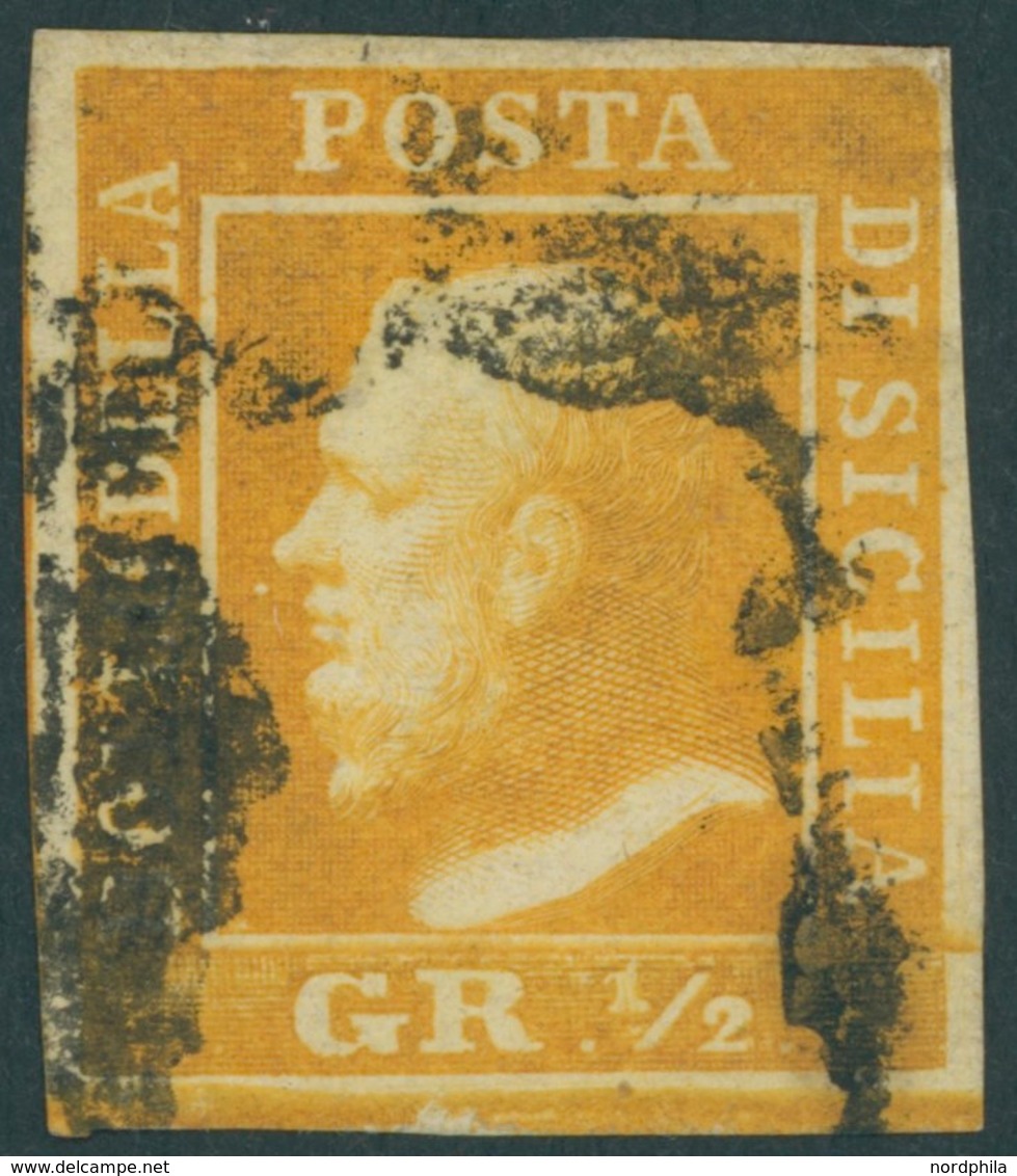 SIZILIEN 1 O, 1859, 1/2 Gr. Gelb, Voll-breitrandiges Prachtstück, Mi. 800.- - Sicily