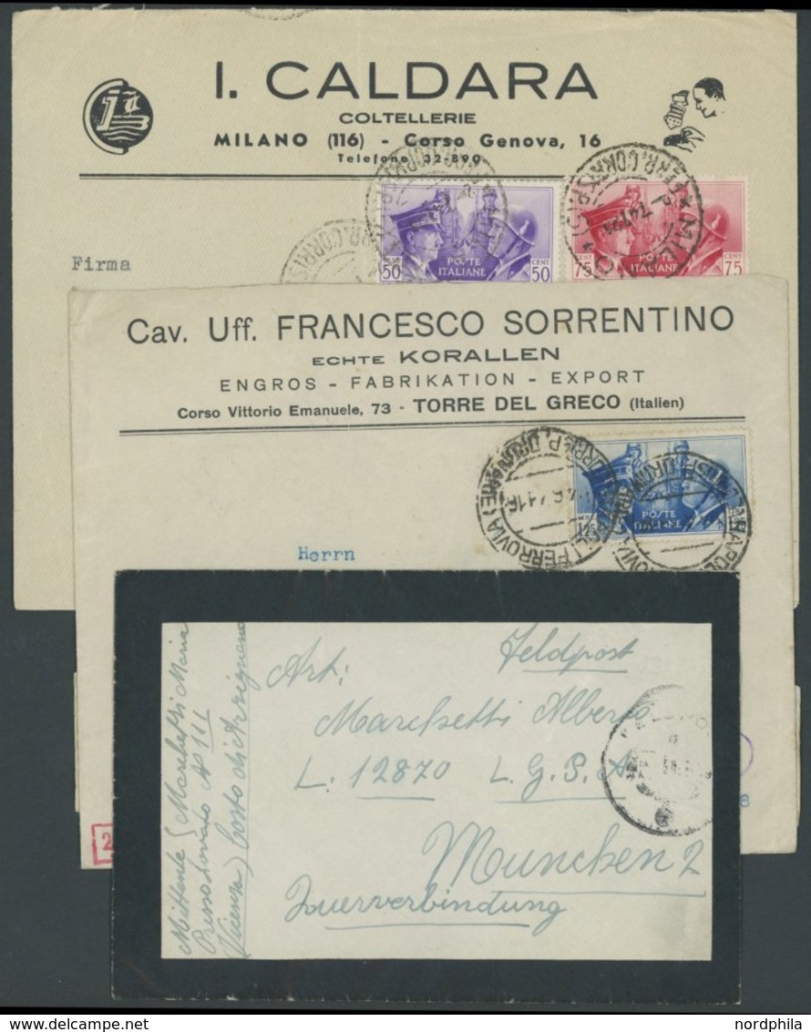 ITALIEN 626-28 BRIEF, 1941/5, 50 C. - 1.25 L. Waffenbrüderschaft Auf 2 Firmen-Zensurbriefen Und Trauerbrief Mit Deutsche - Neufs