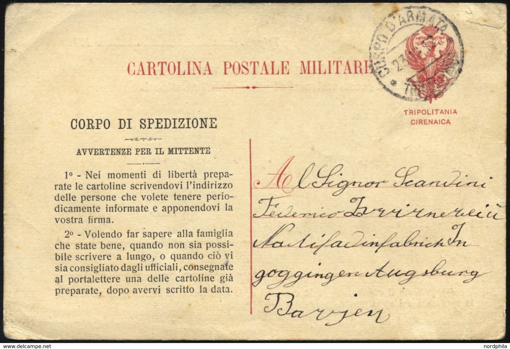 MILITÄRPOST 1912, Feldpoststempel CORPO D`ARMATA TRIPOLITANA Auf Seltener Feldpost-Vordruckkarte, Feinst - Lettres & Documents