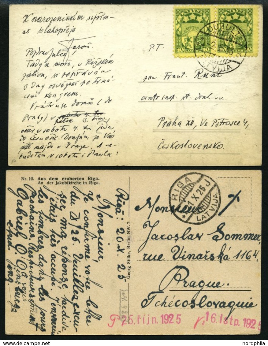 LETTLAND 120,174 BRIEF, 1925/33, 15 Und 10 S. Staatswappen, 2 Ansichtskarten In Die Tschechoslowakei, Pracht - Lettonia