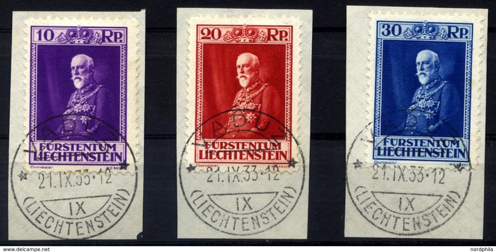 LIECHTENSTEIN 122-24 BrfStk, 1933, 80. Geburtstag, Prachtsatz Auf Briefstücken, Mi. 150.- - Autres & Non Classés