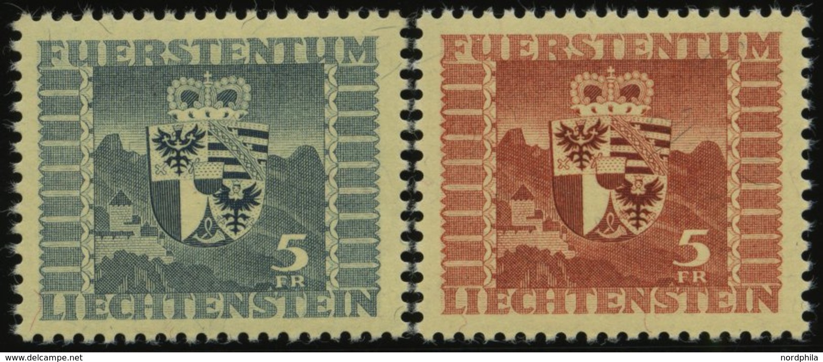 LIECHTENSTEIN 243,252 **, 1945/7, 5 Fr. Wappen, 2 Prachtwerte, Mi. 79.- - Sonstige & Ohne Zuordnung