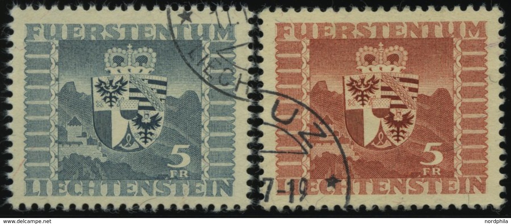 LIECHTENSTEIN 243,252 O, 1945/7, 5 Fr. Wappen, 2 Prachtwerte, Mi. 105.- - Altri & Non Classificati