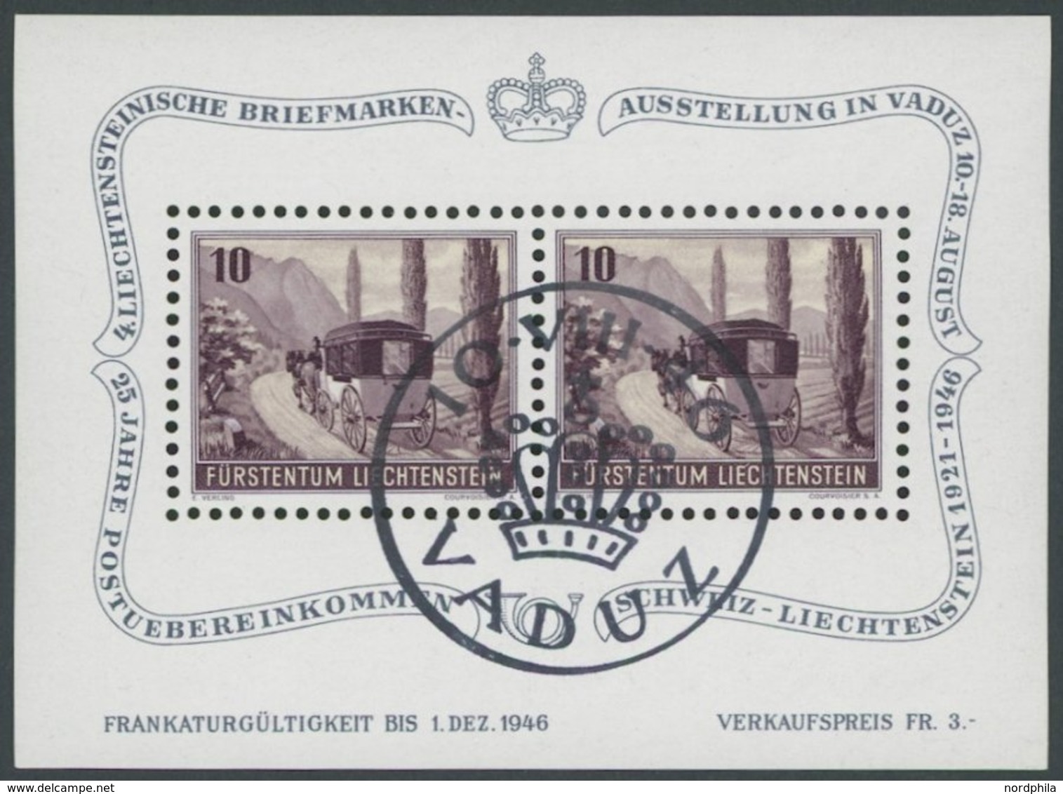 LIECHTENSTEIN Bl. 4 O, 1946, Block Vaduz, Ersttagssonderstempel, Pracht, Mi. 70.- - Other & Unclassified