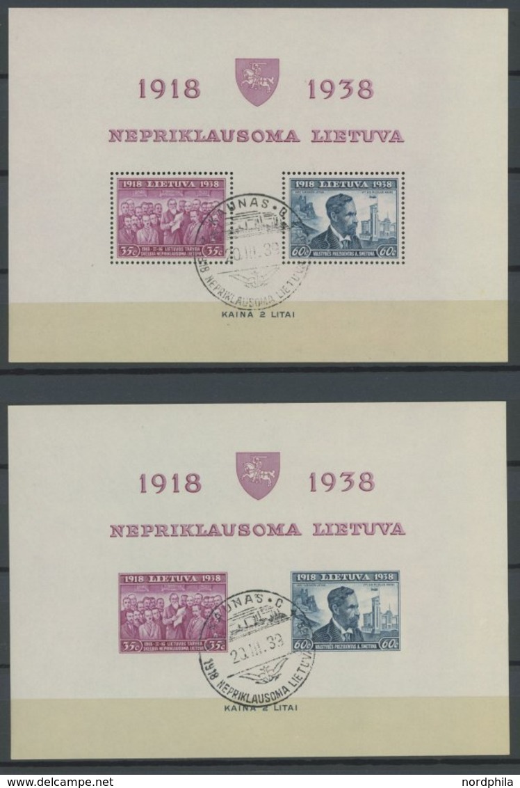 LITAUEN Bl. 1A/B O, 1939, Blockpaar 20 Jahre Republik, Sonderstempel, Pracht, Mi. 185.- - Lithuania