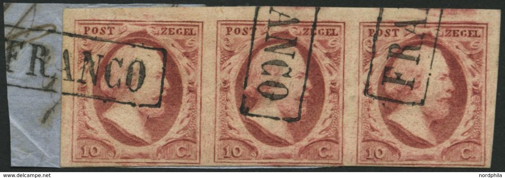 NIEDERLANDE 2 BrfStk, 1852, 10 C. Rosakarmin Im Waagerechten Dreierstreifen, R1 FRANCO, Prachtbriefstück - Used Stamps