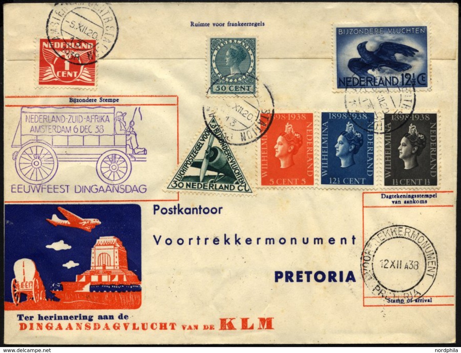 NIEDERLANDE NL,SA BRIEF, 6.12. Und 15.12.1938, KLM-Erstflug AMSTERDAM-PRETORIA-AMSTERDAM Auf Einem Beleg, Prachtbrief, M - Oblitérés