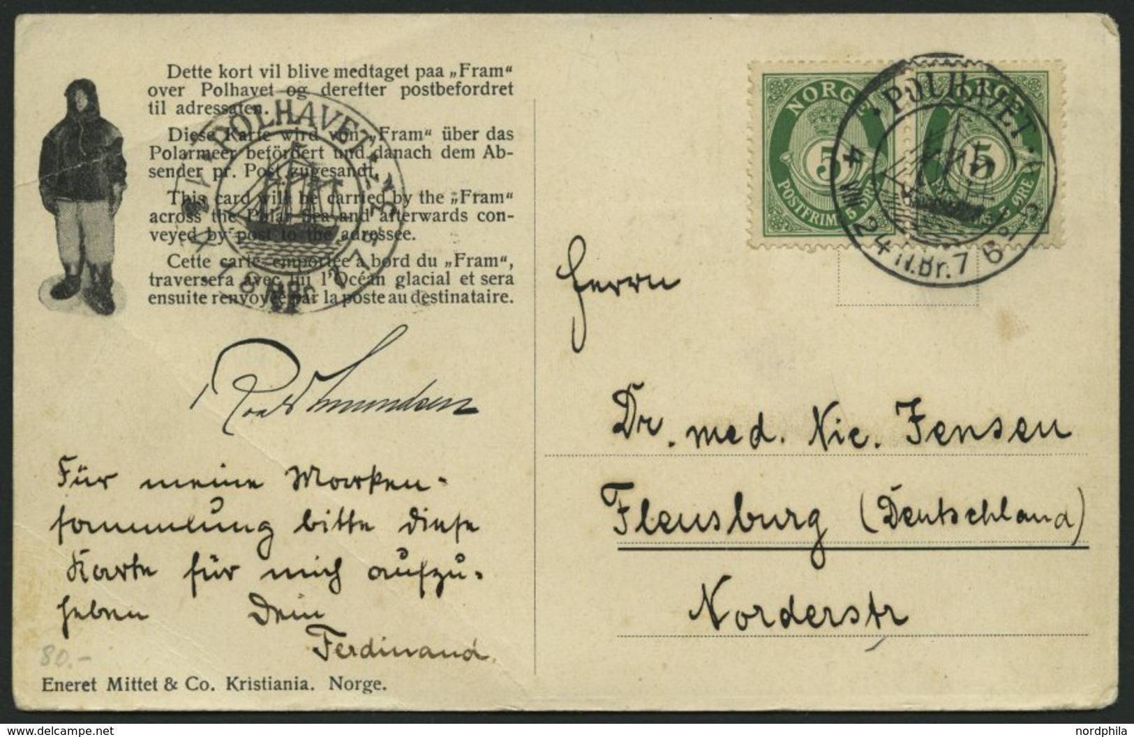 NORWEGEN 78 BRIEF, 1924, Fram - Karte, Von POLHAVET Nach Flensburg, Eckbug, Feinst - Used Stamps