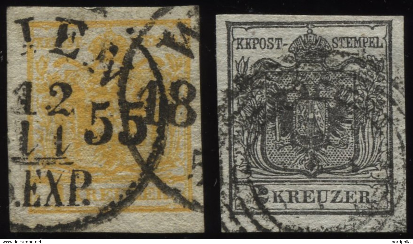 ÖSTERREICH 1,2X O, 1850, 1 Kr. Gelb Und 2 Kr. Schwarz, Handpapier, 2 Prachtwerte, Mi. 220.- - Usati