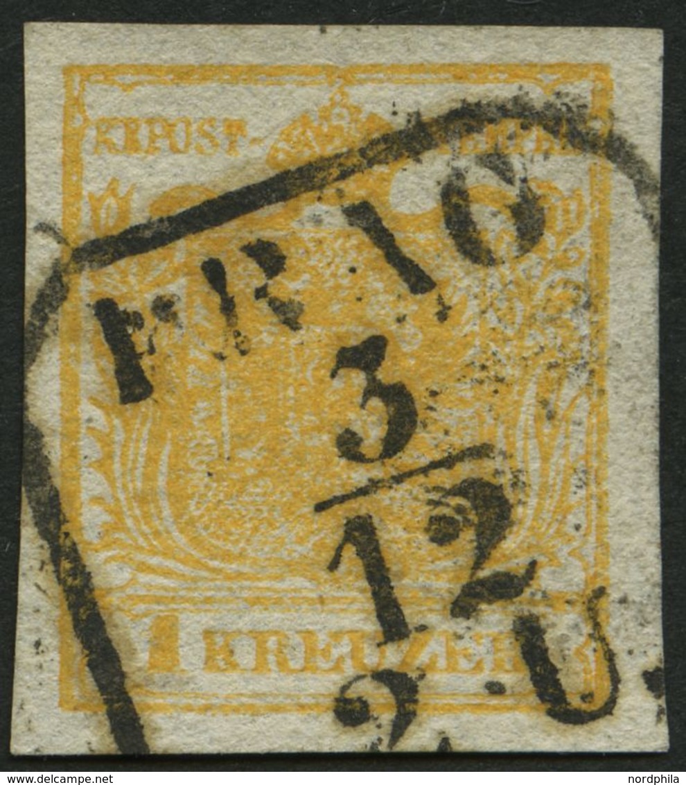 ÖSTERREICH 1Xb O, 1850, 1 Kr. Orange, Handpapier, R4 PRAG, Pracht - Oblitérés