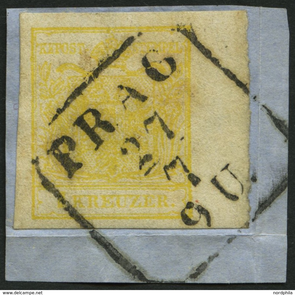 ÖSTERREICH 1Ya BrfStk, 1854, 1 Kr. Gelb, Maschinenpapier, Type Ib, Mit Rechtem Rand (6 Mm), R4 PRAG, Prachtbriefstück - Usados