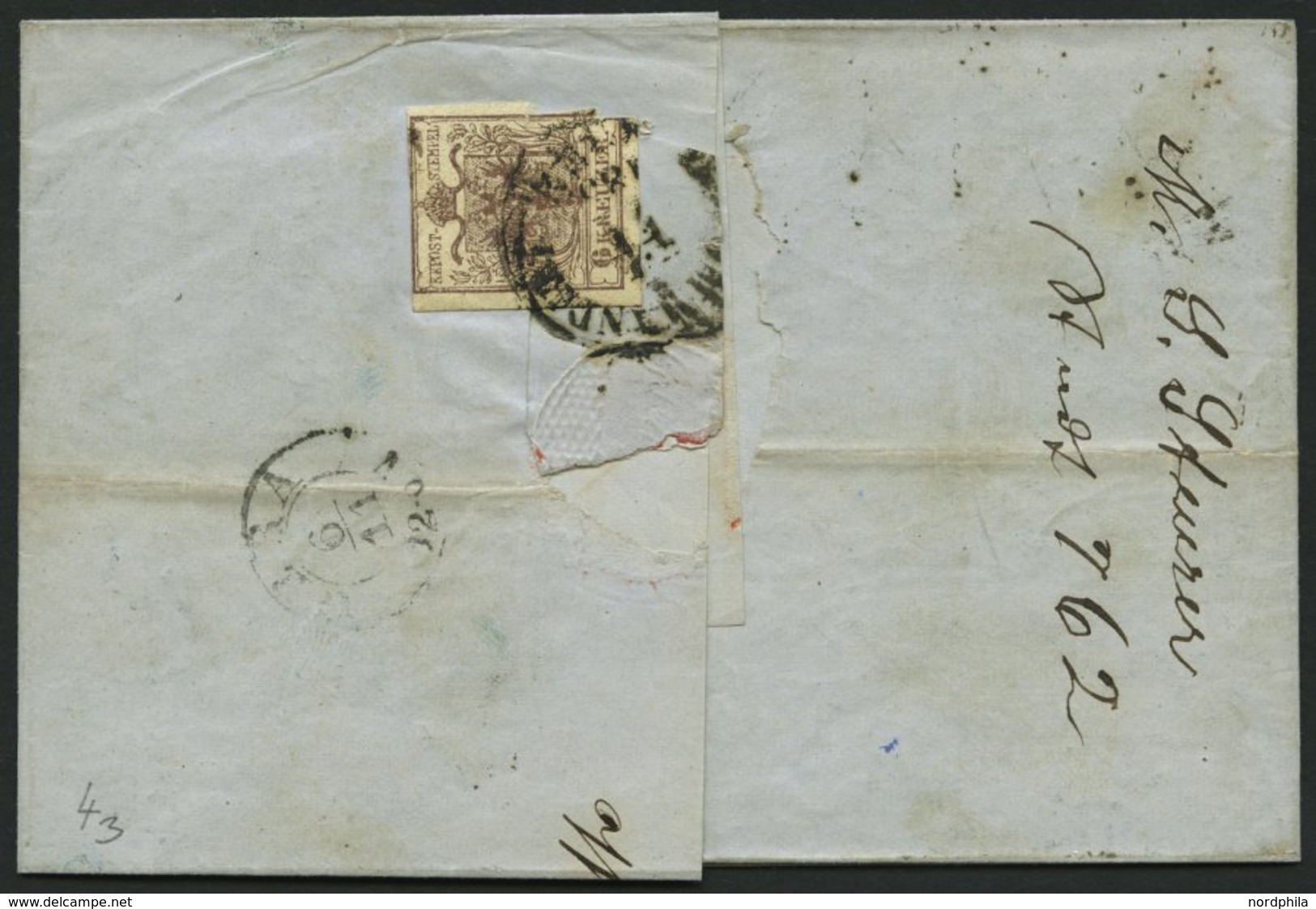 ÖSTERREICH 5Y BRIEF, 1855, 9 Kr. Blau, Maschinenpapier, Type IIIb, K1 RECOMMANDIRT WIEN, Rückseitig Defekte 6 Kr., Prach - Usati